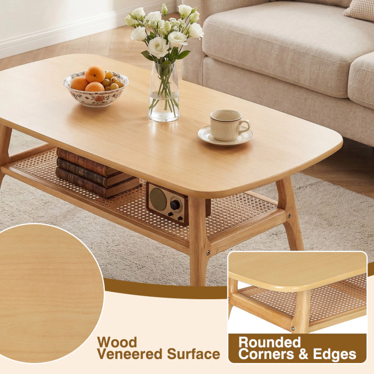 Hivvago 2-Tier Boho Rattan Coffee Table With Rounded Corners