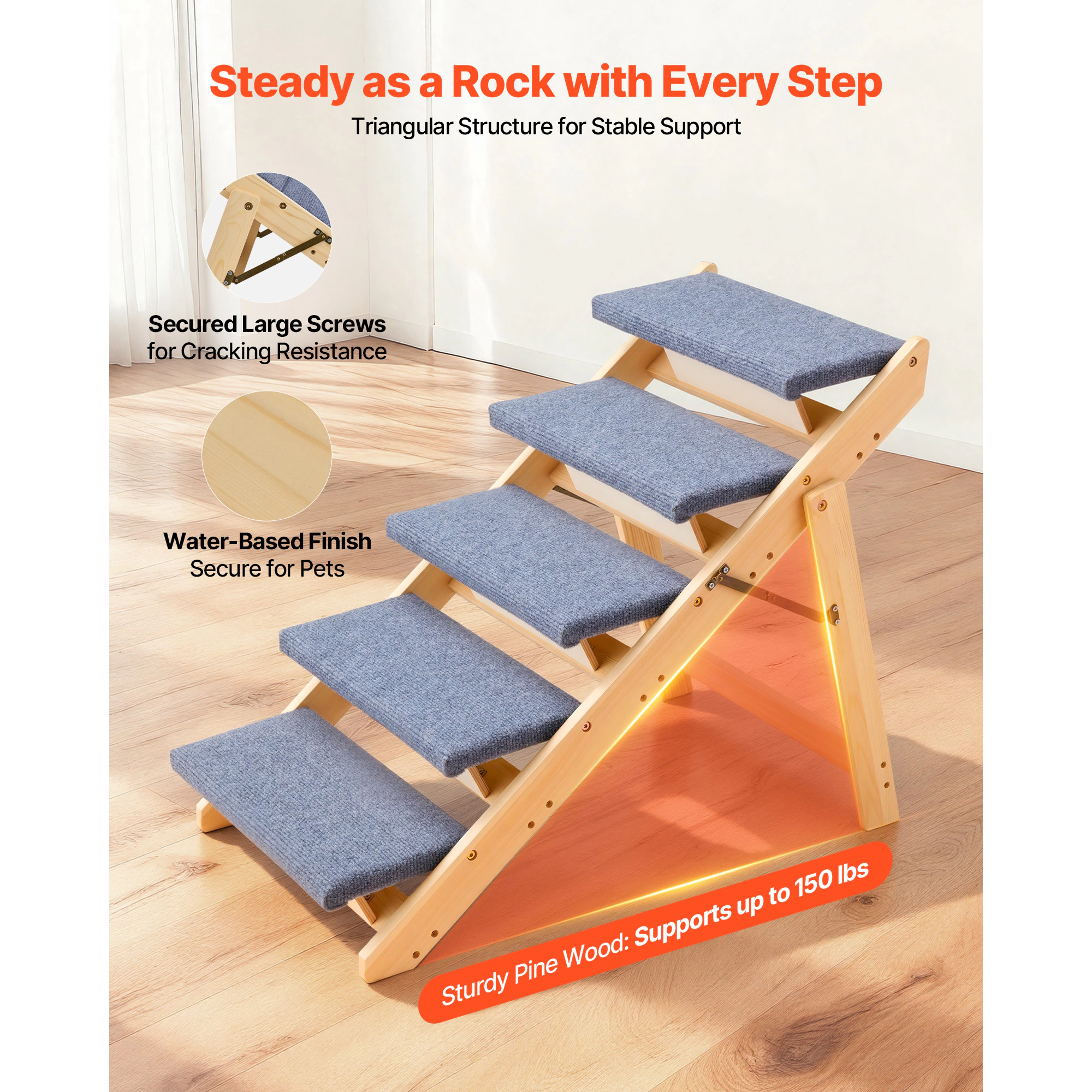 HONGGE 5-Step Foldable Wood Dog Stairs for Beds & Sofas, Gradual Climb, Supports Pets up to 150 lbs