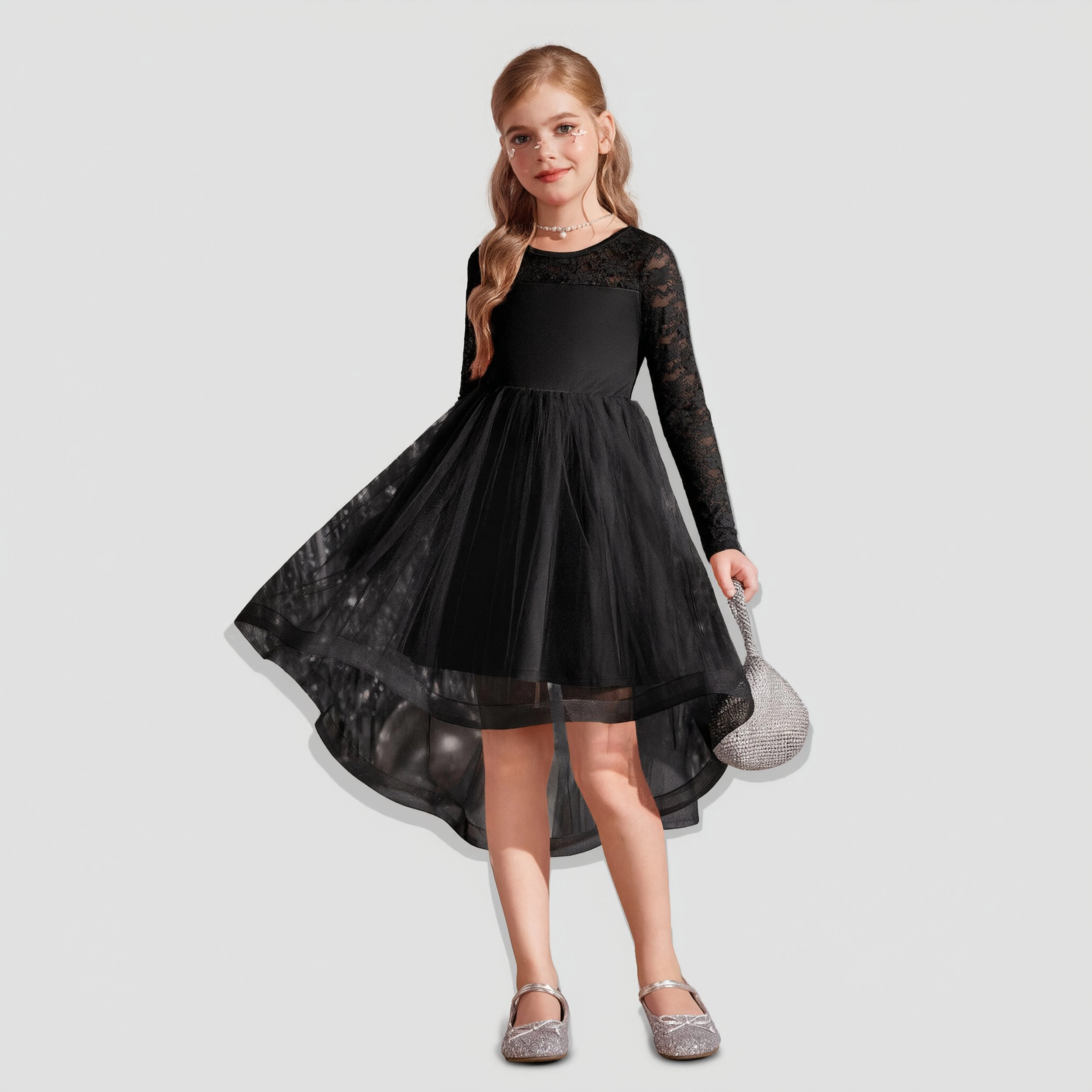 Arshiner Flower Girl Lace Tutu Dresses High Low Hem Long Sleeve Flowy Formal Party Wedding Dress