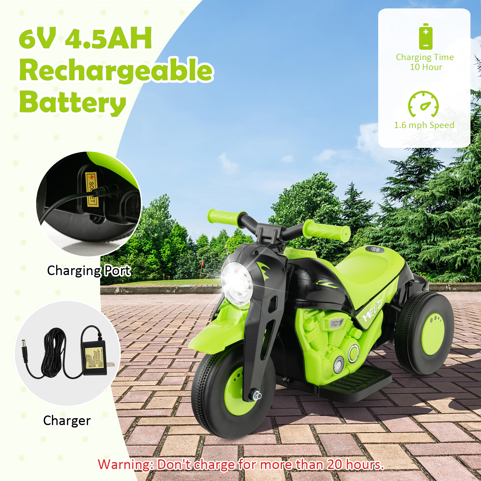 6V Kids Ride on Motorcycle Bubble Maker LED Headlight Music Reverse Switch 3-Wheel Electric Motorbike 66-lb Capacity