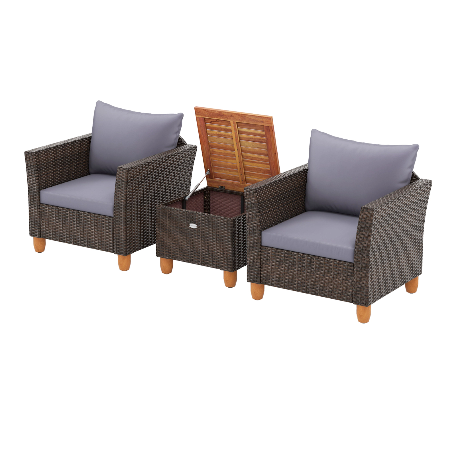 SUGIFT 3-Piece Gray Rattan Patio Bistro Set with Hidden-Storage Acacia Table and Deep Cushions
