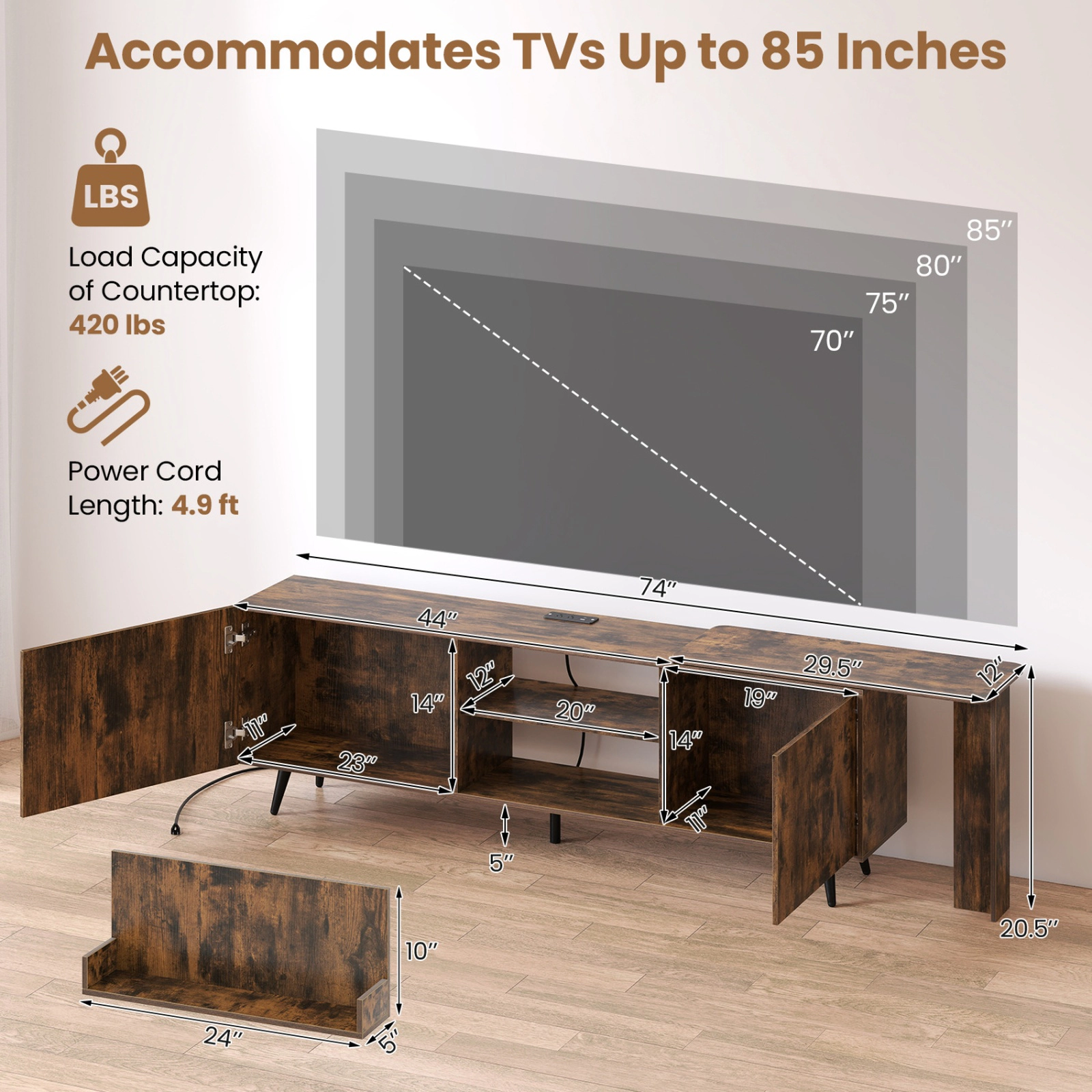 SUGIFT 74 in TV Stand Brown for TVs up to 85 in with 2 Wall Shelves and Charging Station