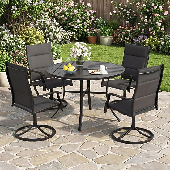 SUGIFT 42.5-in Round Metal Patio Dining Table with Slat Top and Dual ...