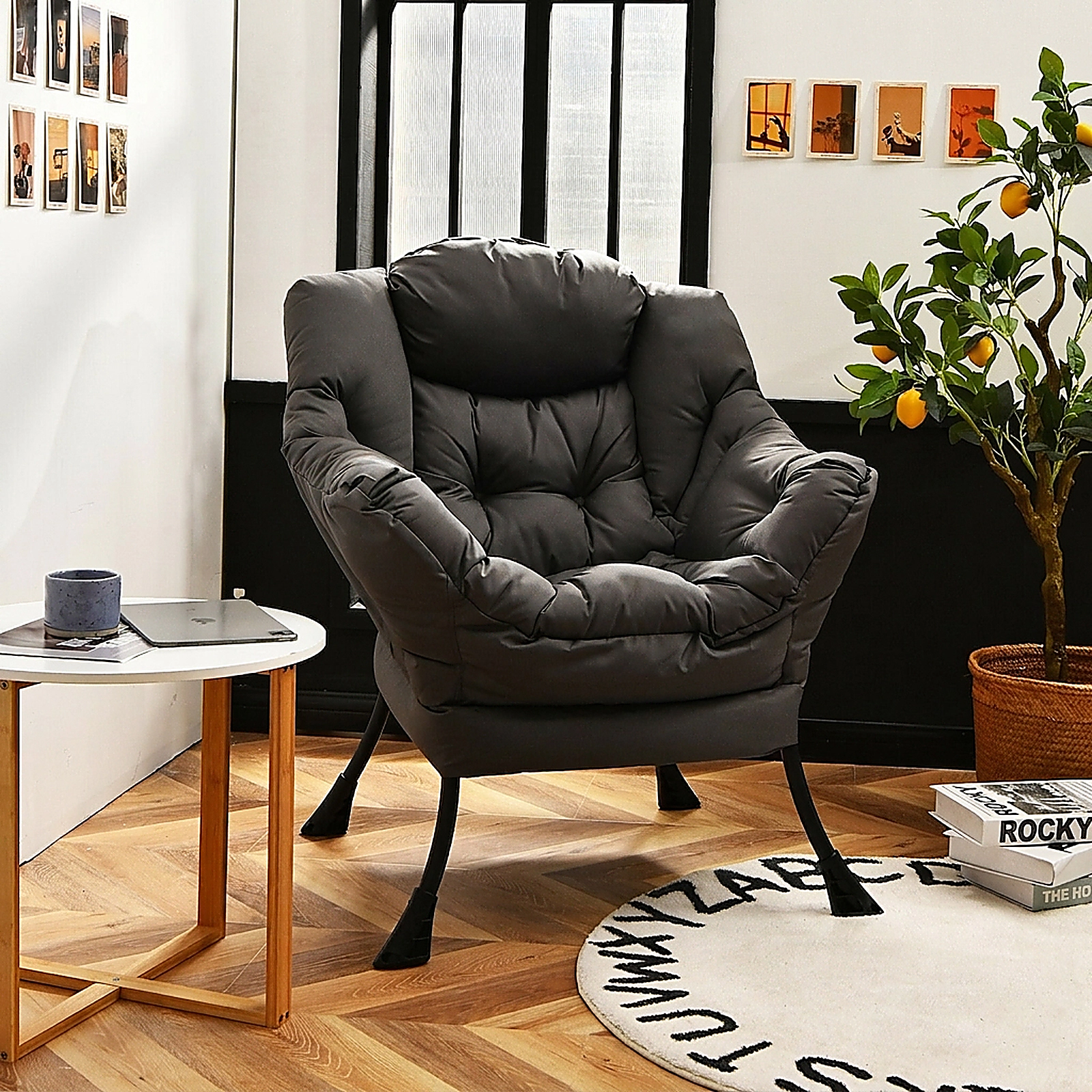 SUGIFT Modern Polyester Fabric Lazy Chair Single Sofa with Steel Frame 330-Lb Capacity Gray