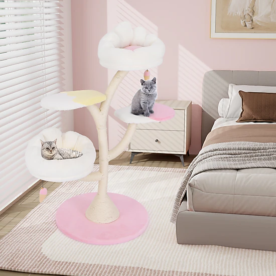 SlickBlue 48.5 Inch Cat Tower with Rabbit Fur-Like Fabric and Platforms