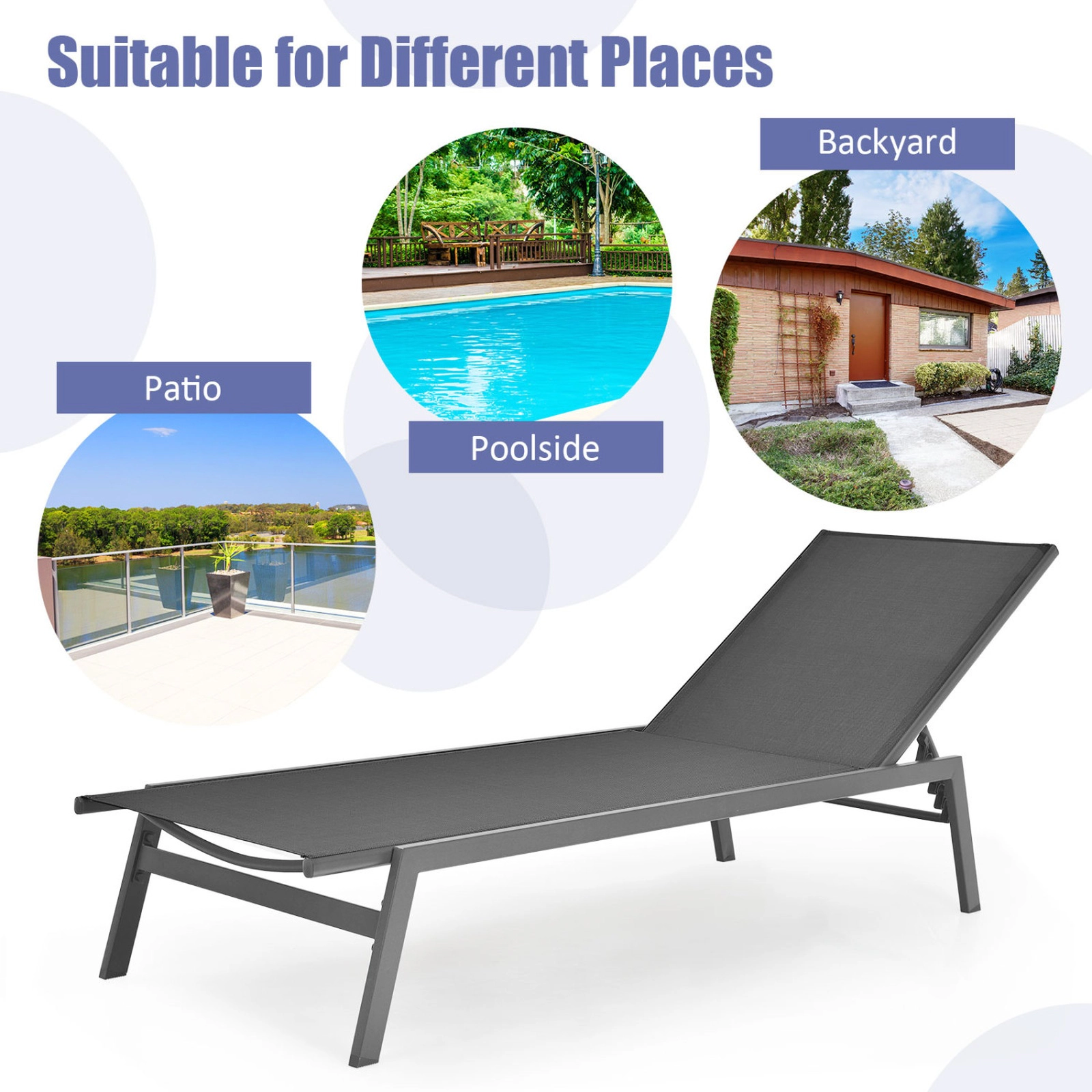 SUGIFT Outdoor Reclining Chaise Lounge Chair with 6-Position Adjustable Back 330-Lb Capacity Gray