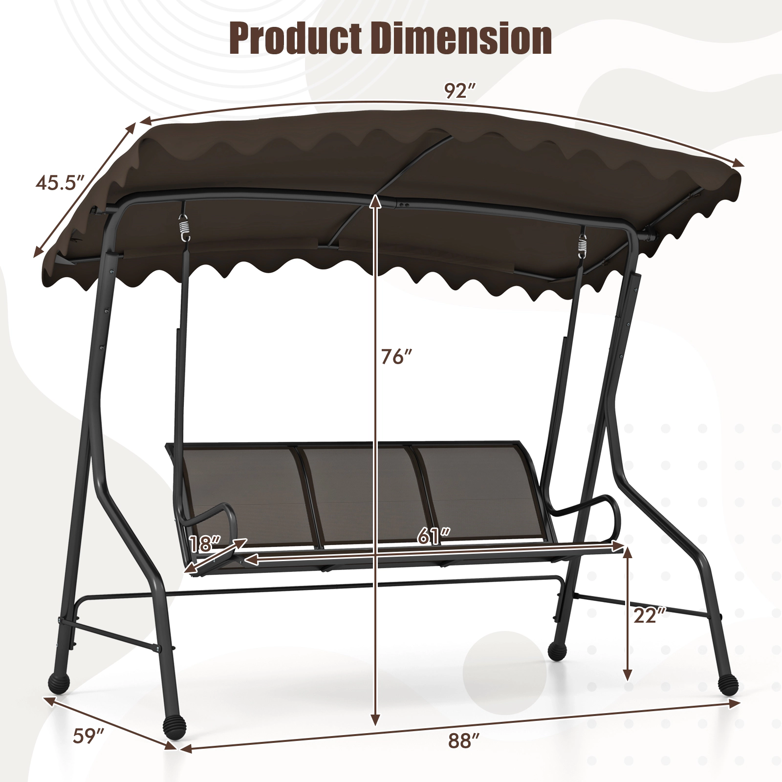 SUGIFT Brown 3-Seat Outdoor Porch Swing with Canopy, 1000-Lb Capacity