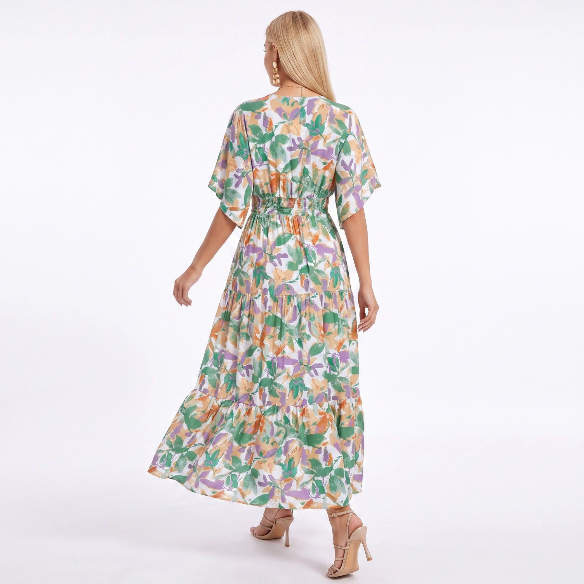 Anna-Kaci Women's Abstract Floral V-Neck Tiered Maxi Dress