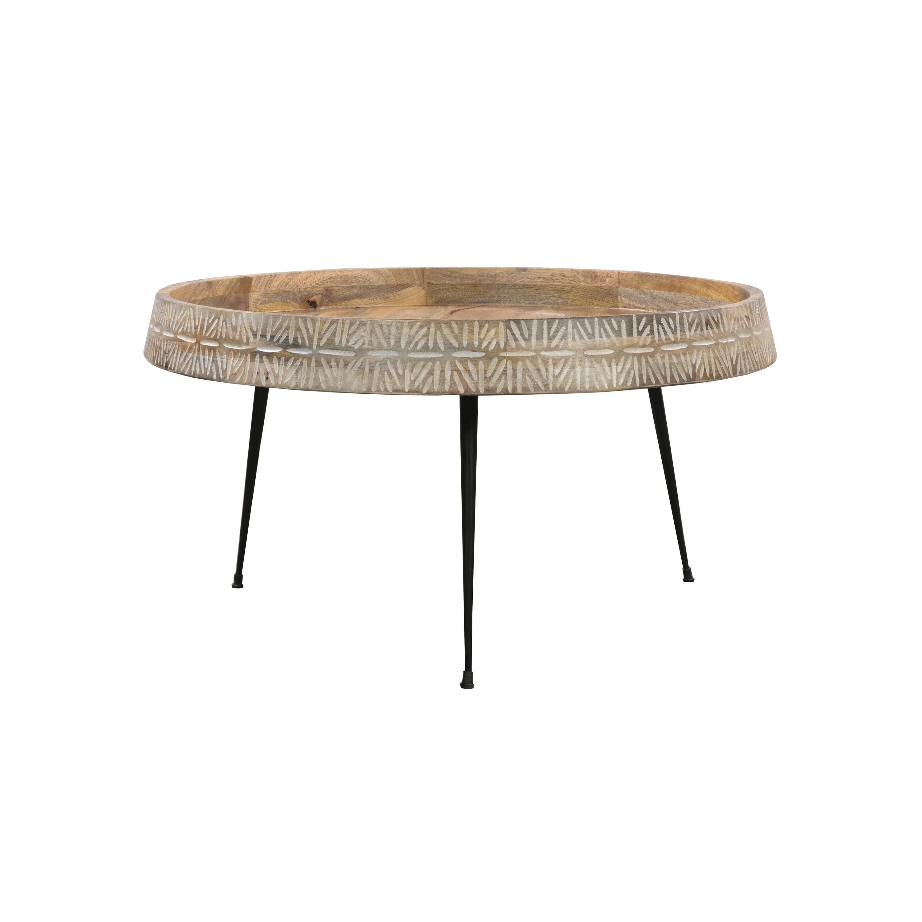 The Urban Port Gia 29 Inch Modern Handcrafted Round Coffee Table, Natural Brown Wood with Carved Edge, Black Iron Legs