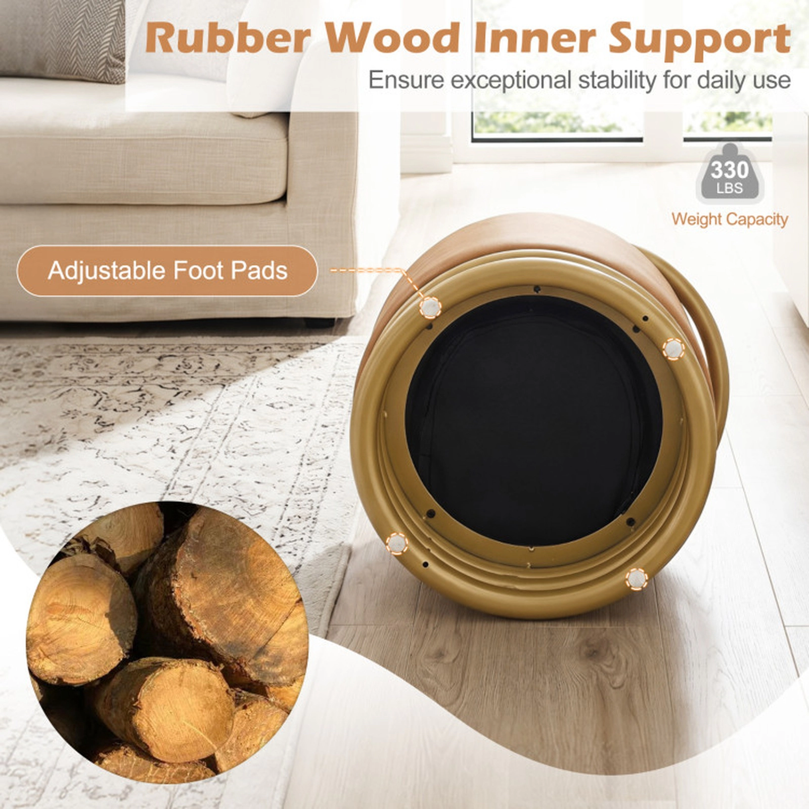 SUGIFT Round Faux Leather Vanity Stool with Metal Halo Frame 330-lb Capacity 21-in Tall Brown and Gold