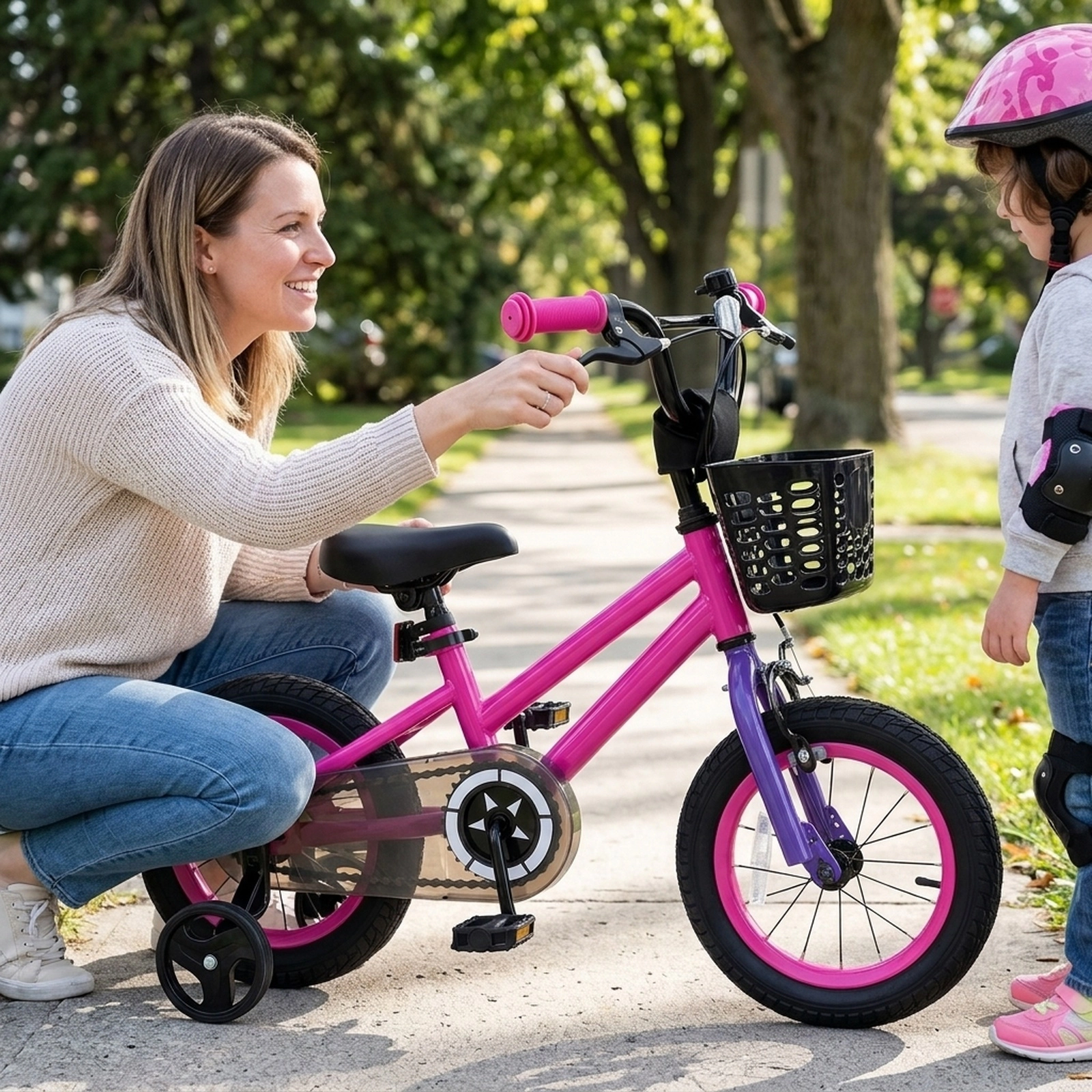 12-in Kids Bike Front Basket Quick-Release Adjustable Seat and Removable Training Wheels Ages 3-4 Dual Brakes Pink