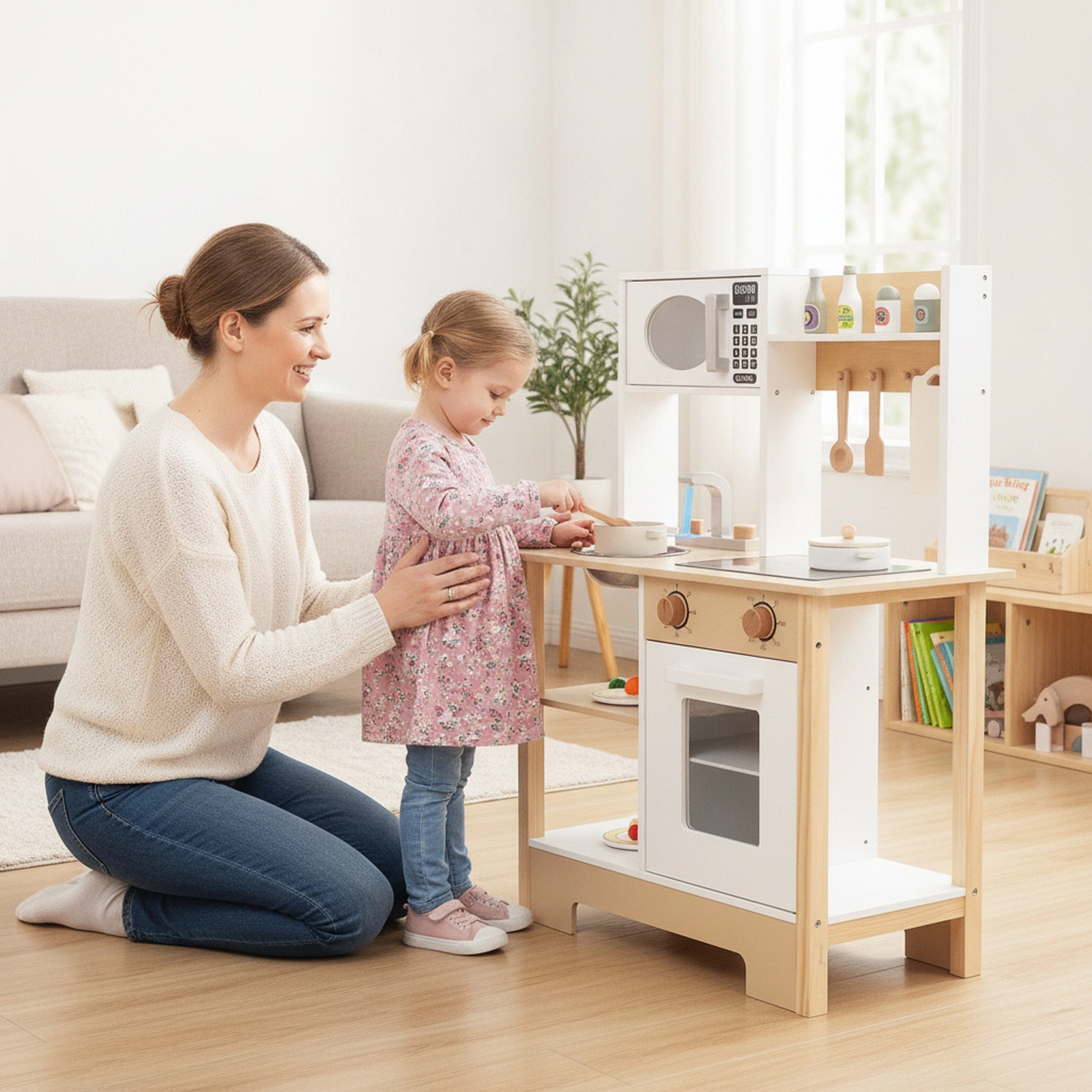Kids Wooden Toy Kitchen Playset with Anti-Tip Kit Chalkboard and Cookware Accessories 24-in x 10-in x 33.5-in White