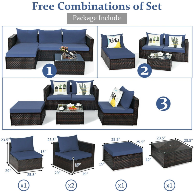 Hivvago 5 Pieces Patio Rattan Sectional Furniture Set With Cushions And Coffee Table