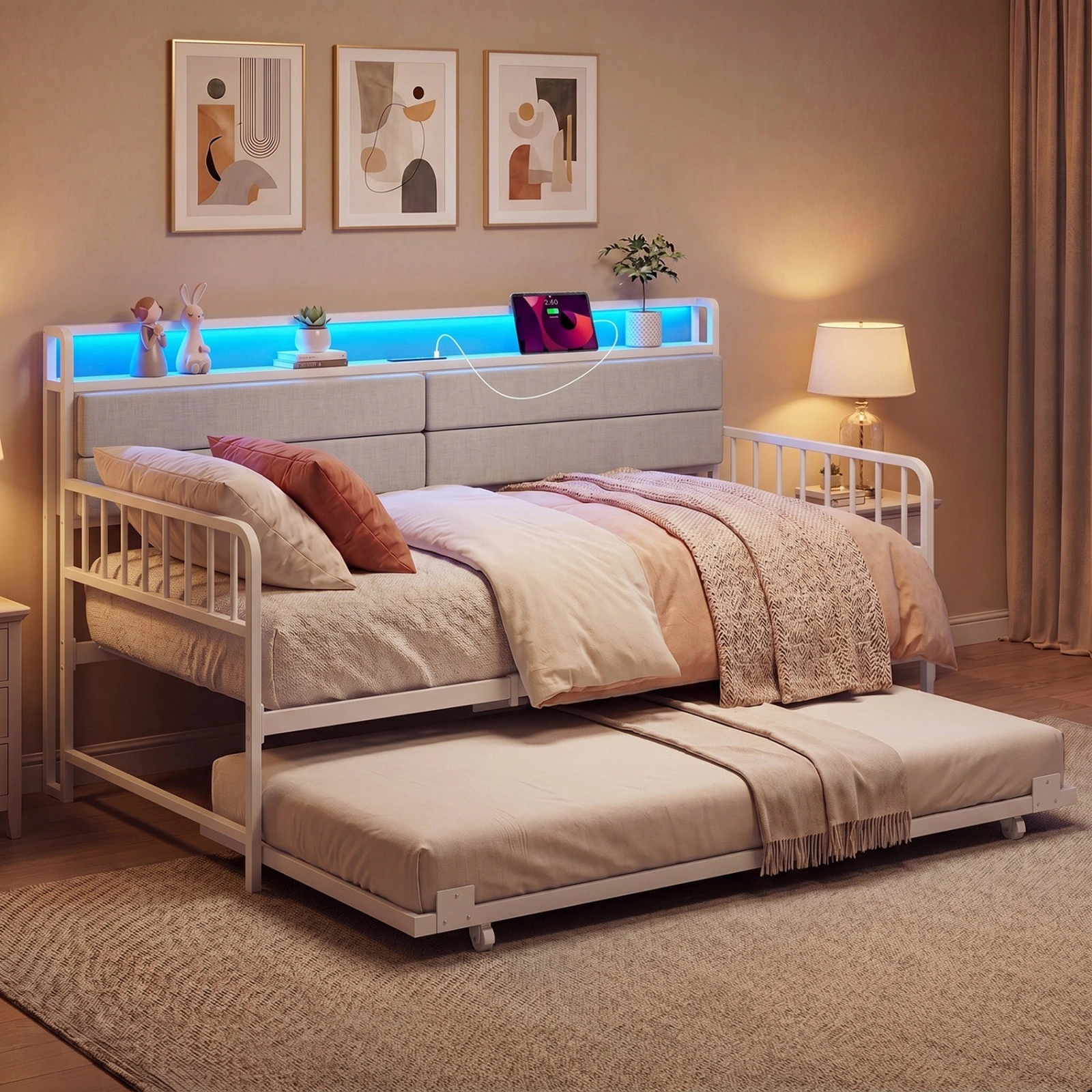 SUGIFT Twin Metal Daybed with Trundle, Charging Station and LED Lights, White