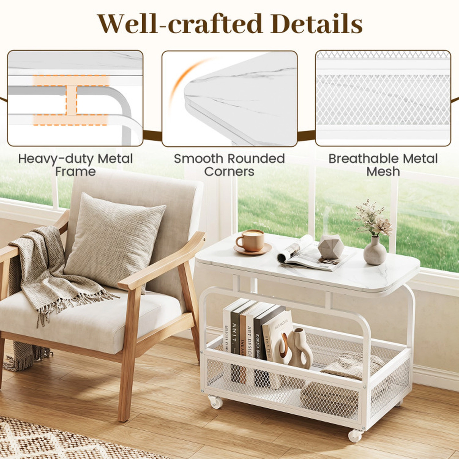 SUGIFT 31.5 in Rolling Side Table White with Faux Marble Top and Mesh Storage Basket