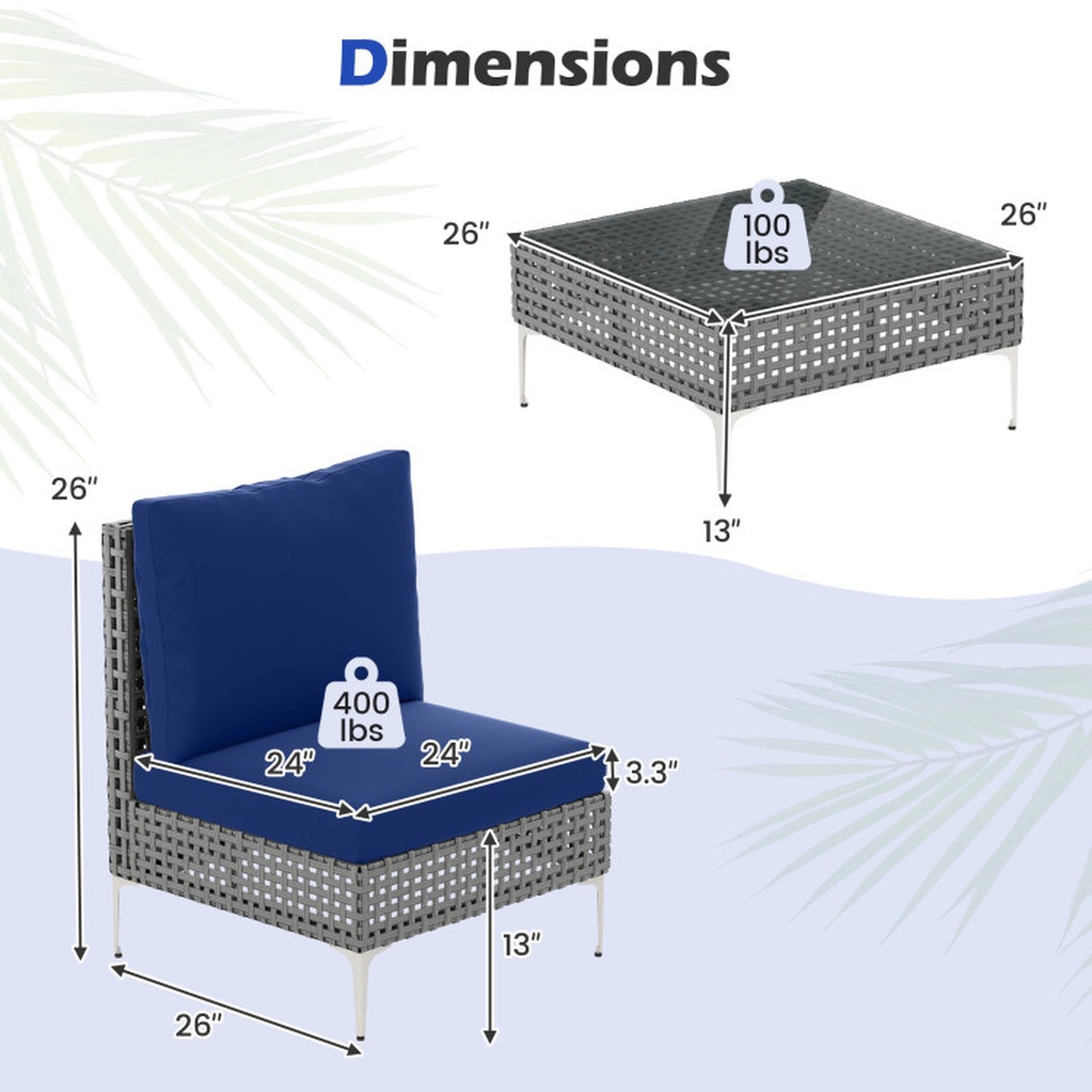 SUGIFT Conversation Chairs and Tempered Glass Coffee Table 400-lb Chairs 100-lb Table Gray Rattan Blue Cushions