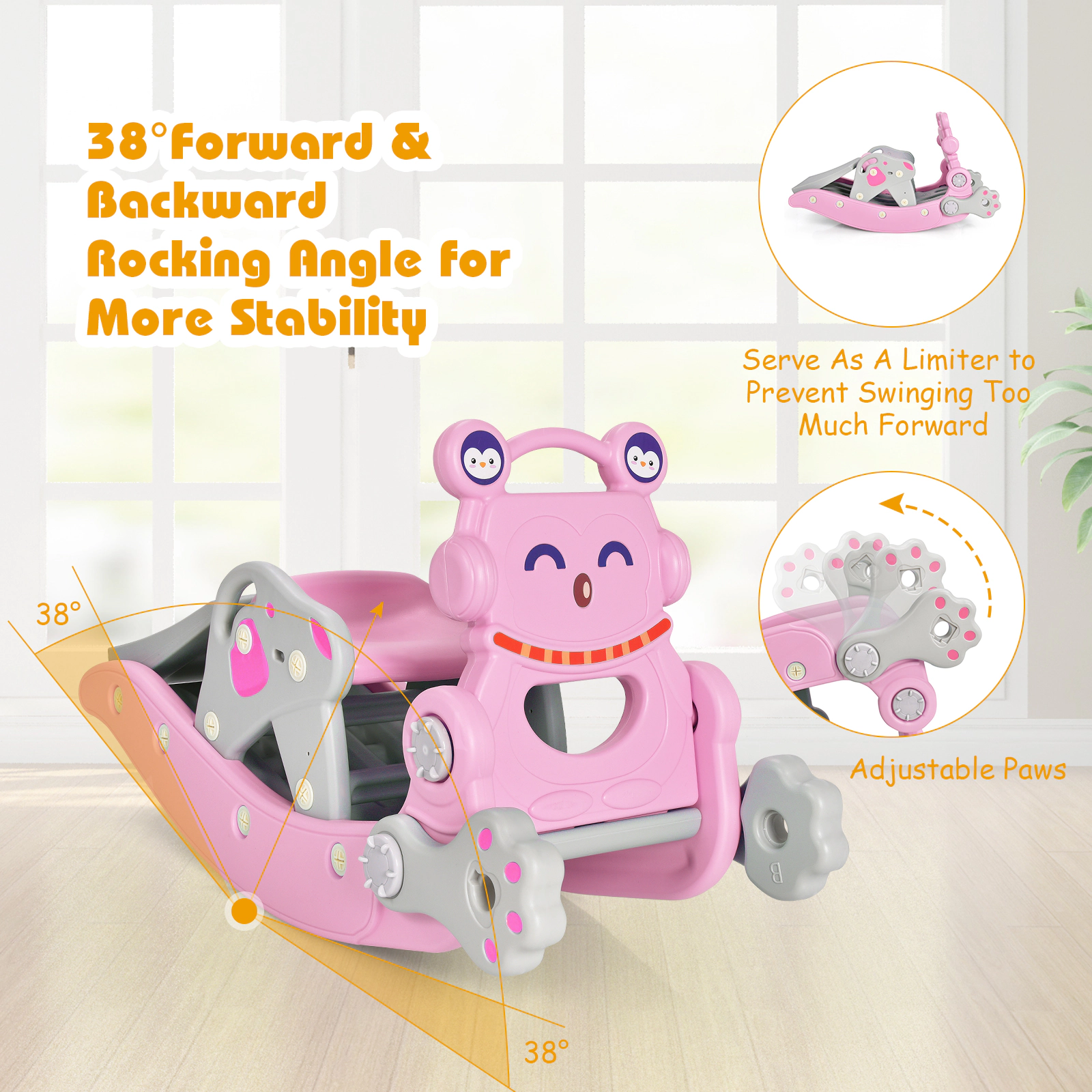 4-in-1 Toddler Slide and Rocking Horse Set Basketball Hoop Ring Toss and Detachable Seat 132-lb Capacity Ages 1-5 Pink