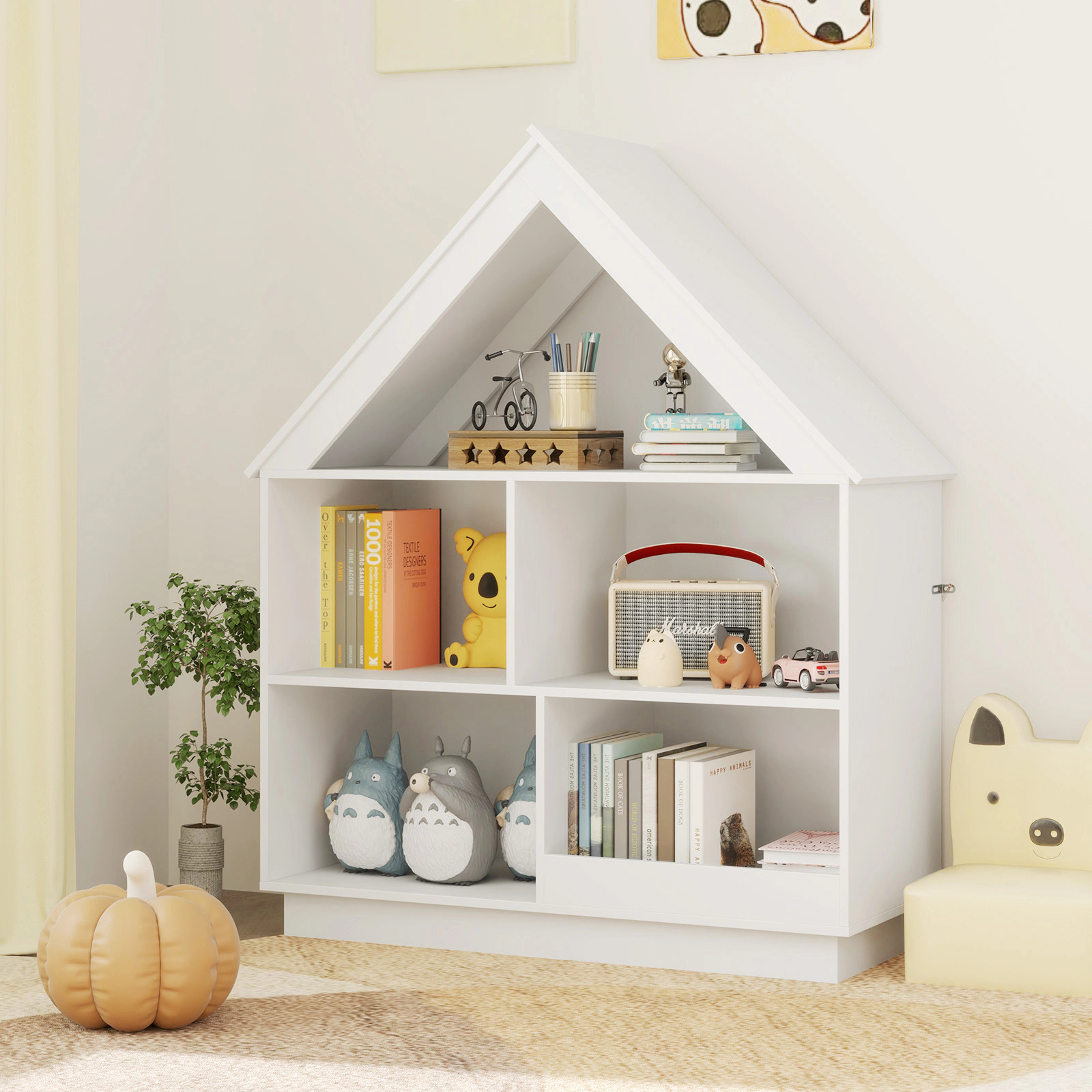 SUGIFT 3-Tier House-Shaped Toy Storage Organizer Dollhouse Bookshelf 240-lb Capacity Natural/White