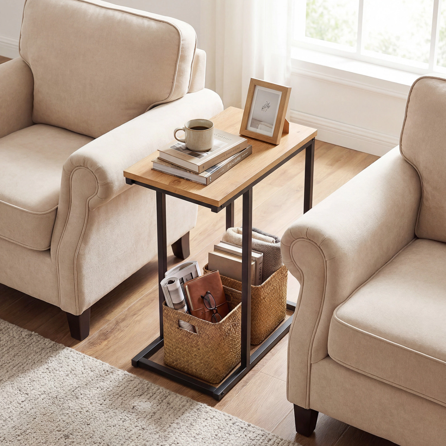 LJG C-Shaped End Table Small Side with Sturdy Metal Frame