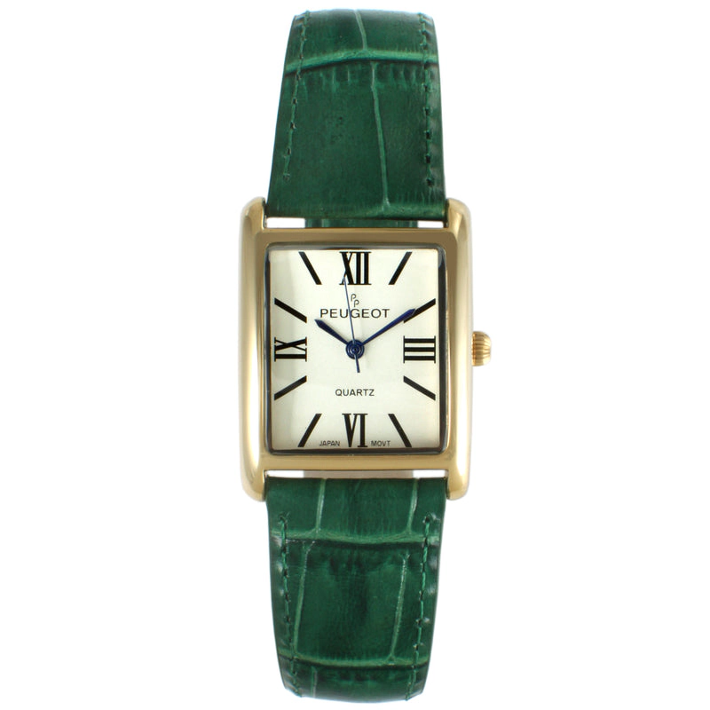 Peugeot Women's Tank Watch Roman Dial Green Leather Strap
