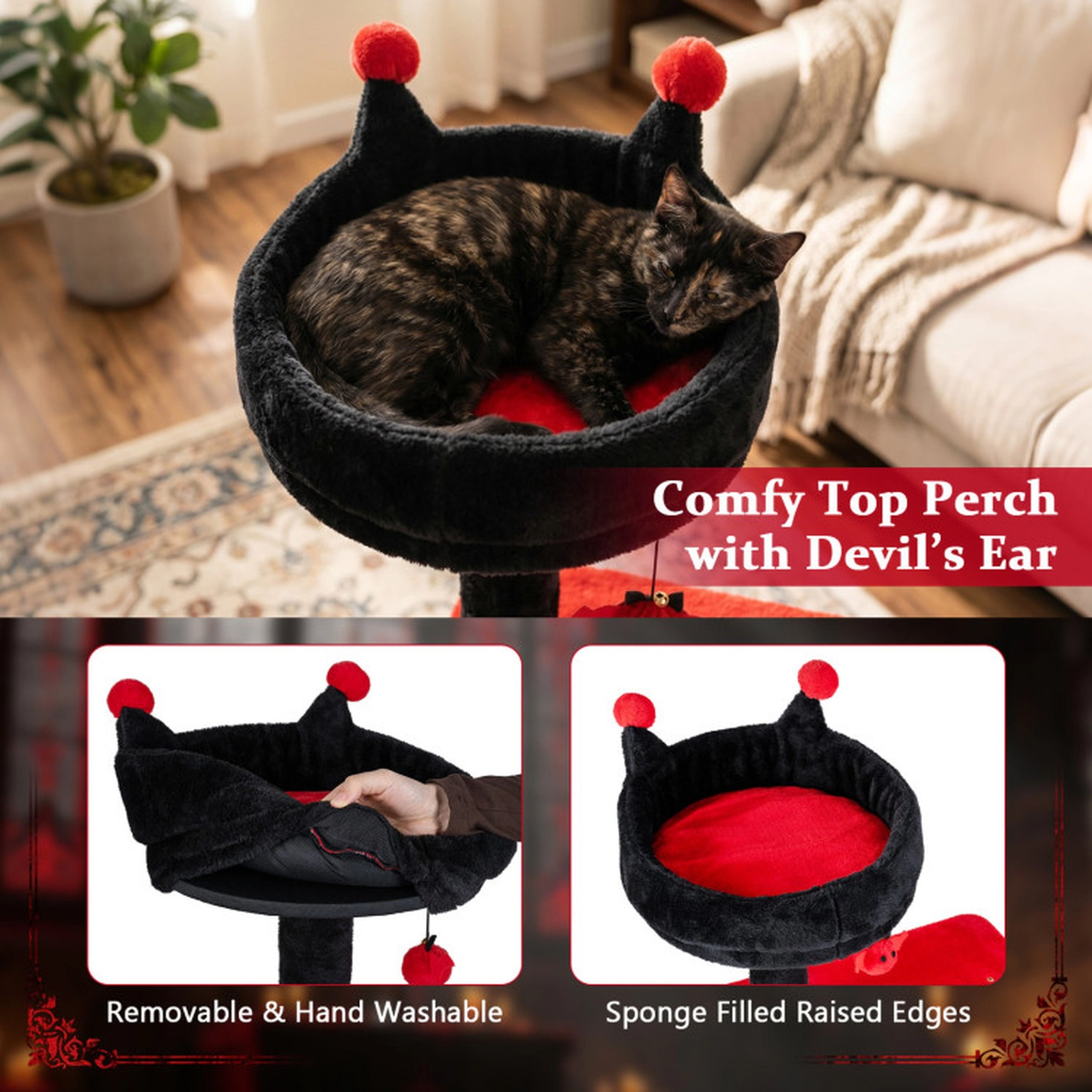 SUGIFT 57-in Gothic Spooky Cat Tree Tower with Padded Perch Condo and Spider Hanging Toy 22-lb Capacity Red and Black