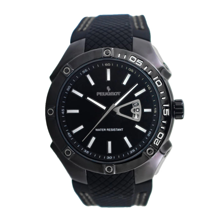 Peugeot Men's 44mm Black Sport Calendar Stitched Rubber Band Watch
