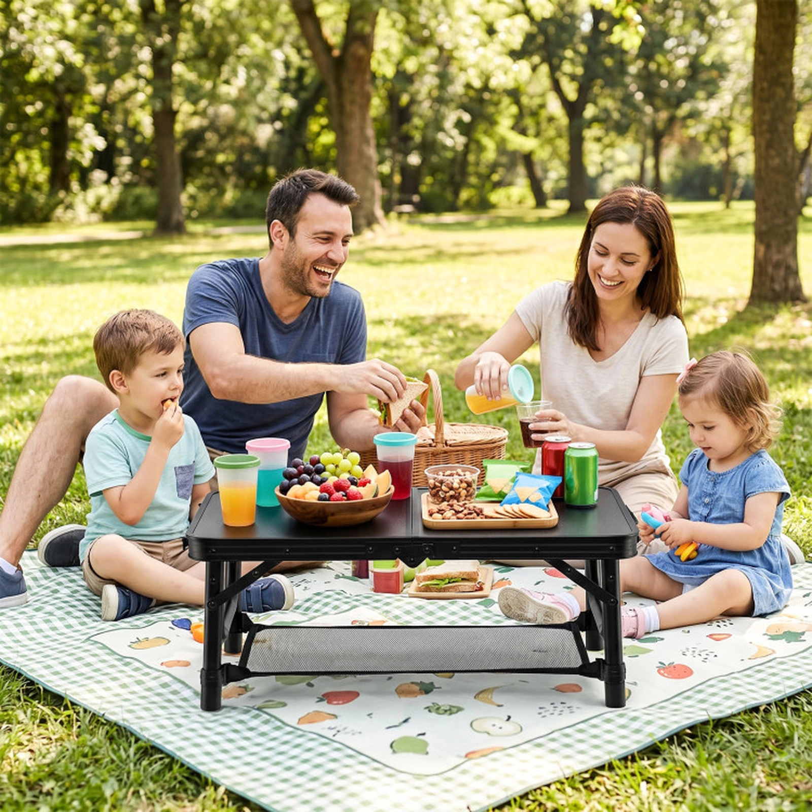 SUGIFT 3-Height Folding Camping Table with Large Storage Net & Handle 110-lb Capacity Black