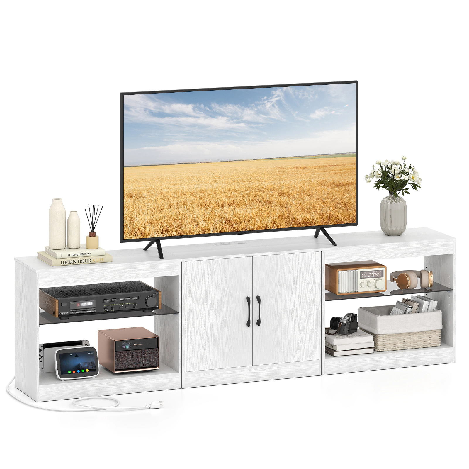Glintex 77-Inch LED TV Stand with Glass Shelves and Charging Station, White