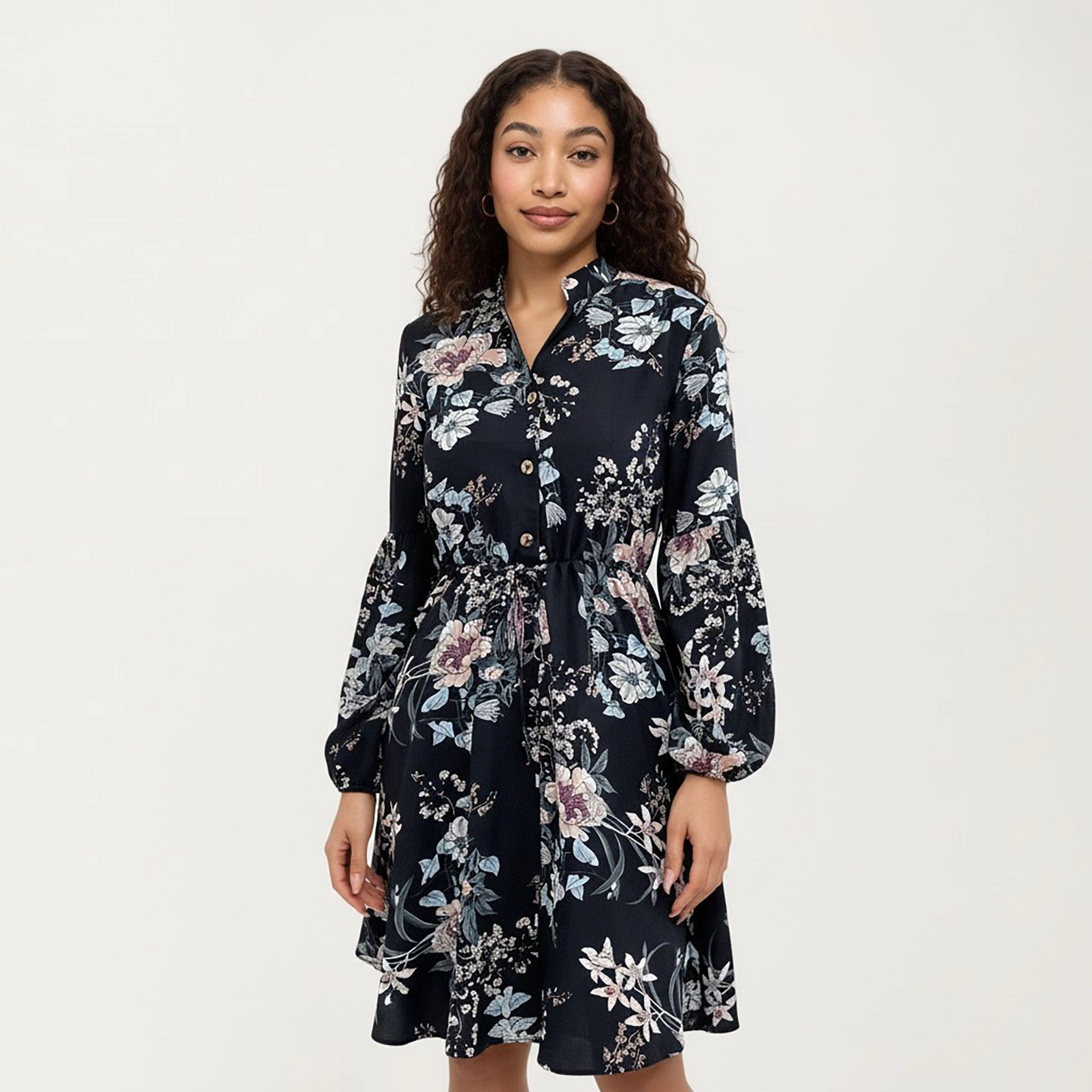 Anna-Kaci Women's Floral Print Tie Waist Long Sleeve Shirt Dress