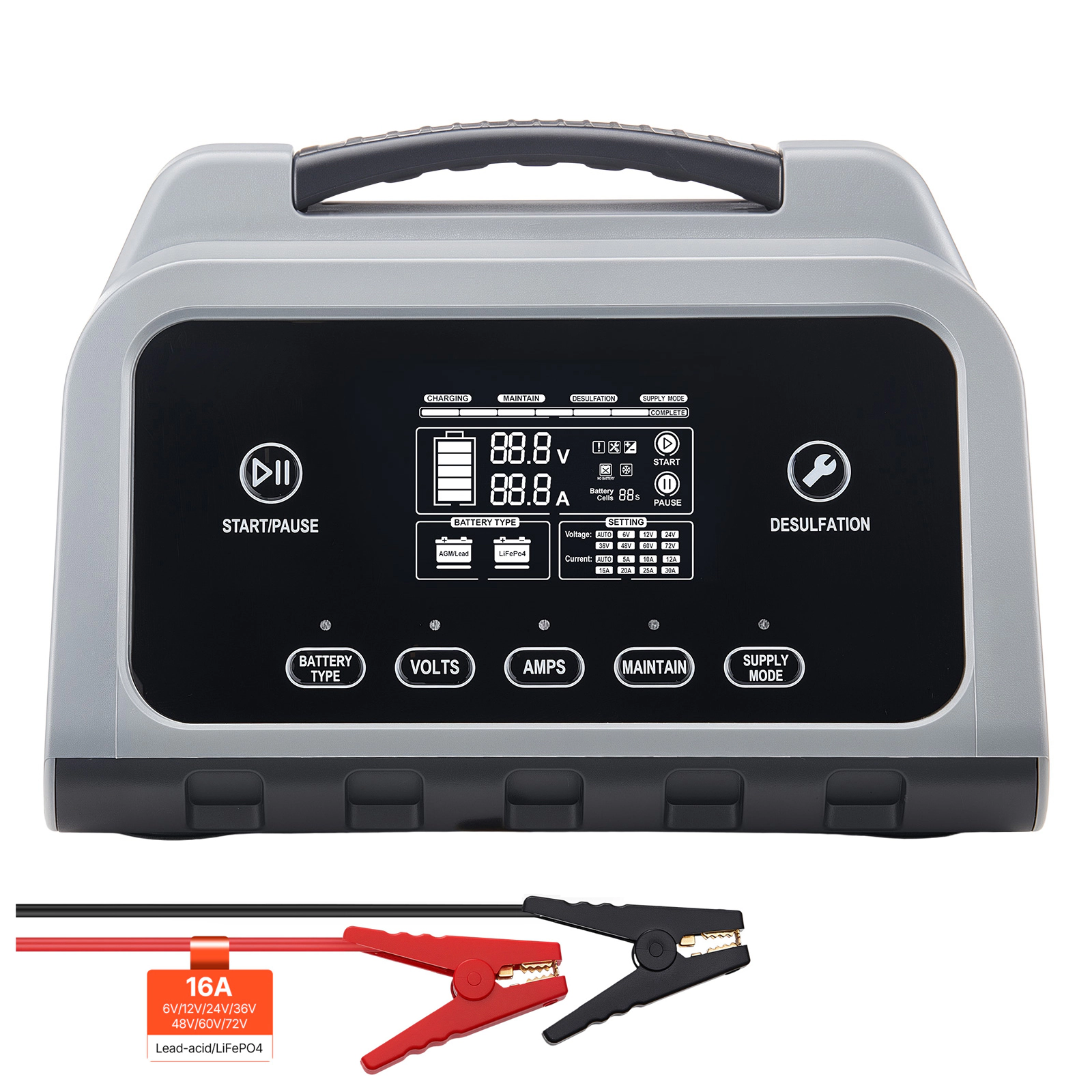 HONGGE Smart Battery Charger, 6V 12V 24V Lithium LiFePO4 Lead-Acid (Gel/AGM) Car Battery Charger, with LCD Display