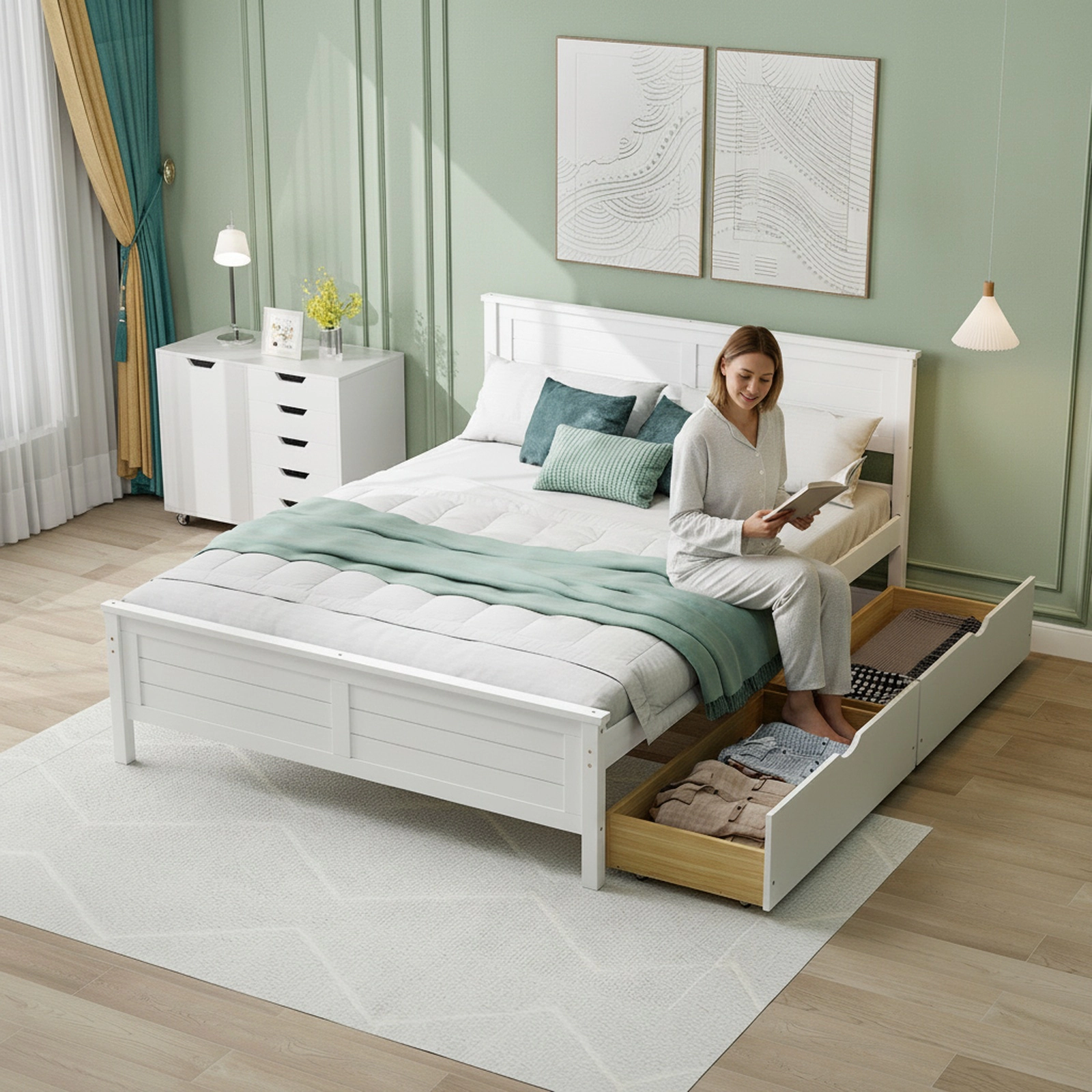 Full Size Bed Frame White Wood Platform Bed with Solid Wood Headboard Footboard 2 Under Bed Drawers