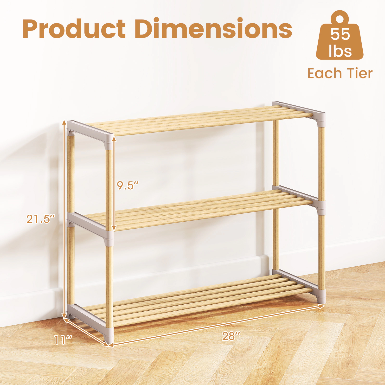 SUGIFT 3-Tier Natural Solid Wood Free Standing Slatted Shoe Rack Organizer for Entryway and Closet