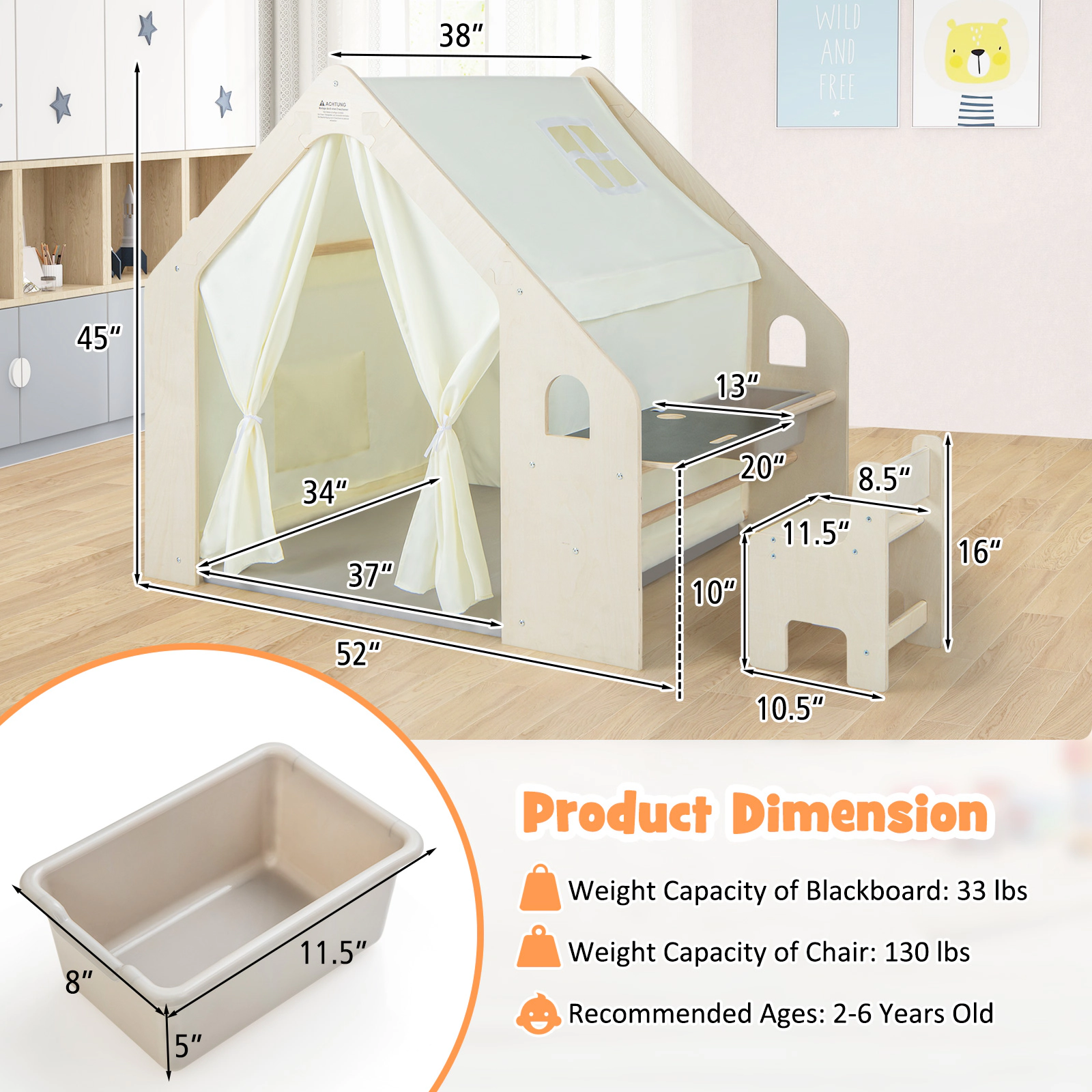 Toddler Play Tent Indoor Playhouse with Table Chair Chalkboard and Storage Bin 52-in x 38-in x 45-in Beige