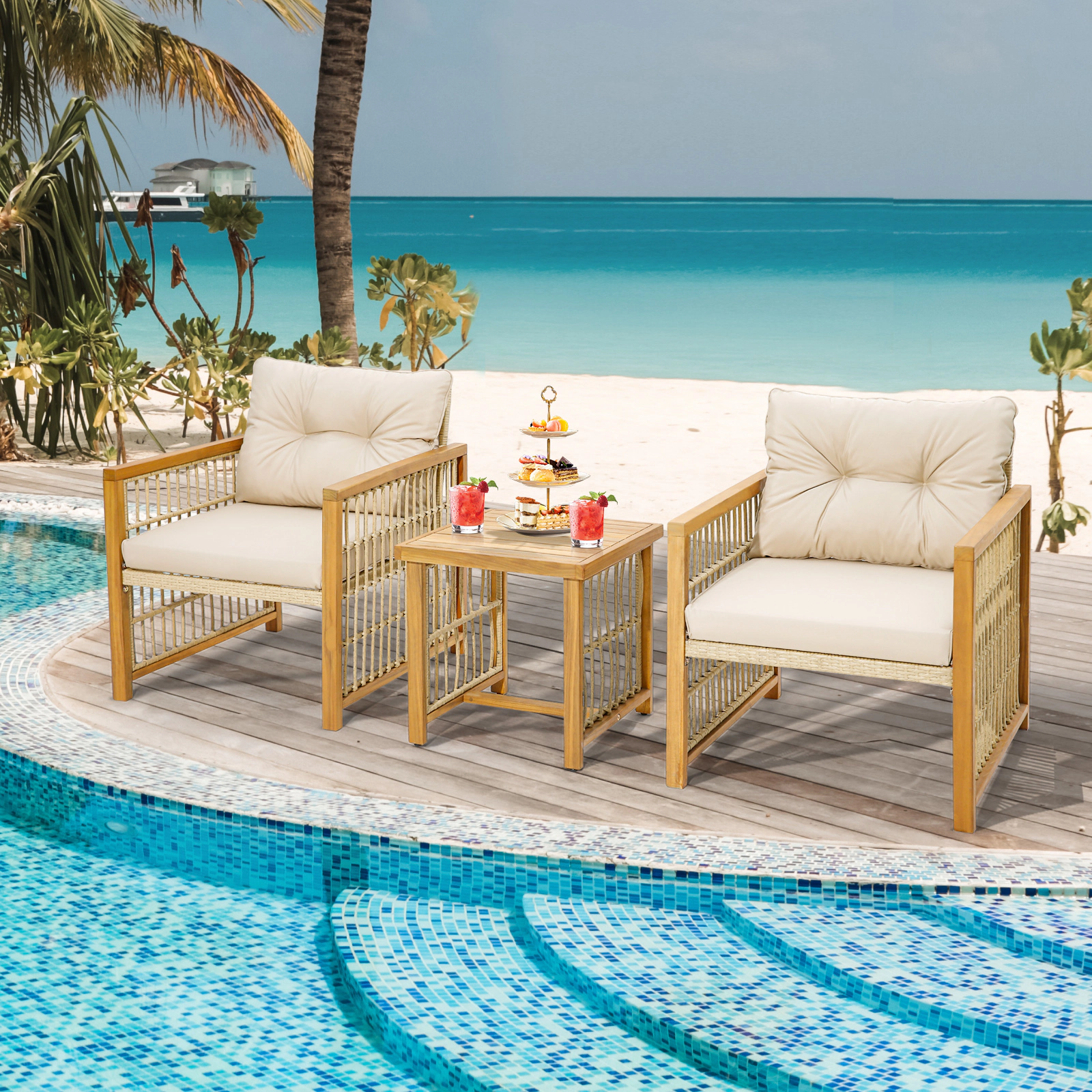 LJG 3 Pieces Patio PE Wicker Conversation Set with Acacia Wood Frame and Cushions