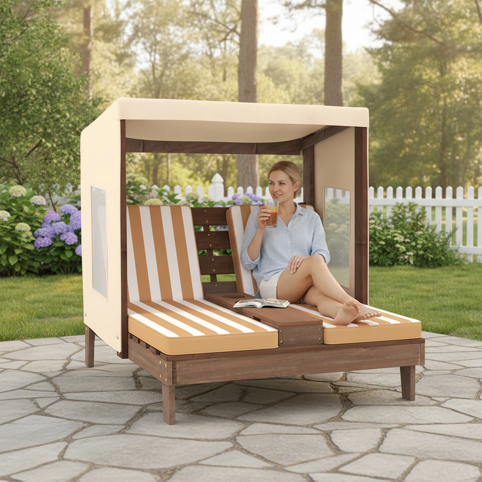 SUGIFT Kids Double Chaise Lounger with Canopy, Cushion, Cup Holders and Storage, Brown