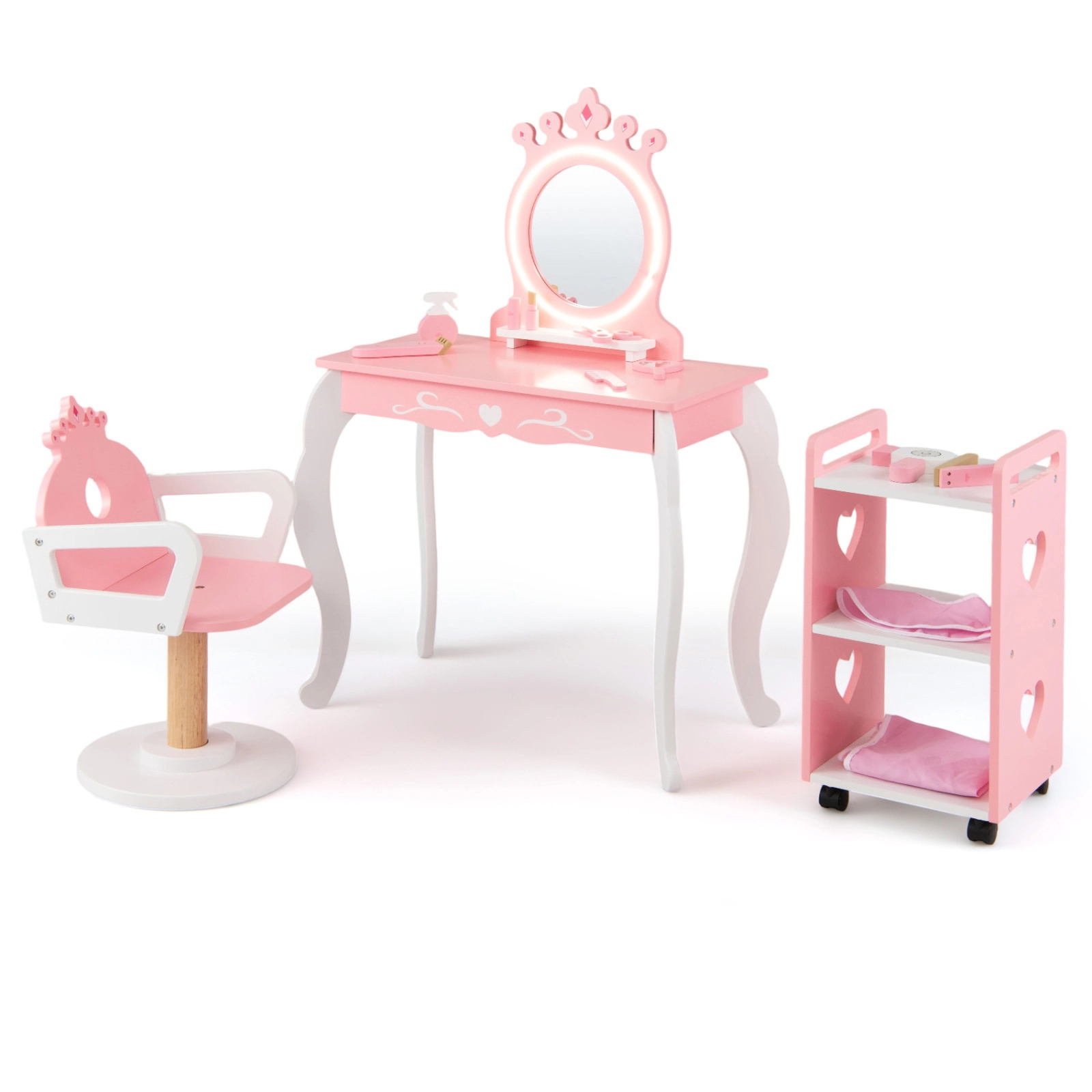 SUGIFT Kids Hair Salon Playset, Pink and White Vanity with Lighted Mirror, Swivel Chair and Rolling Trolley