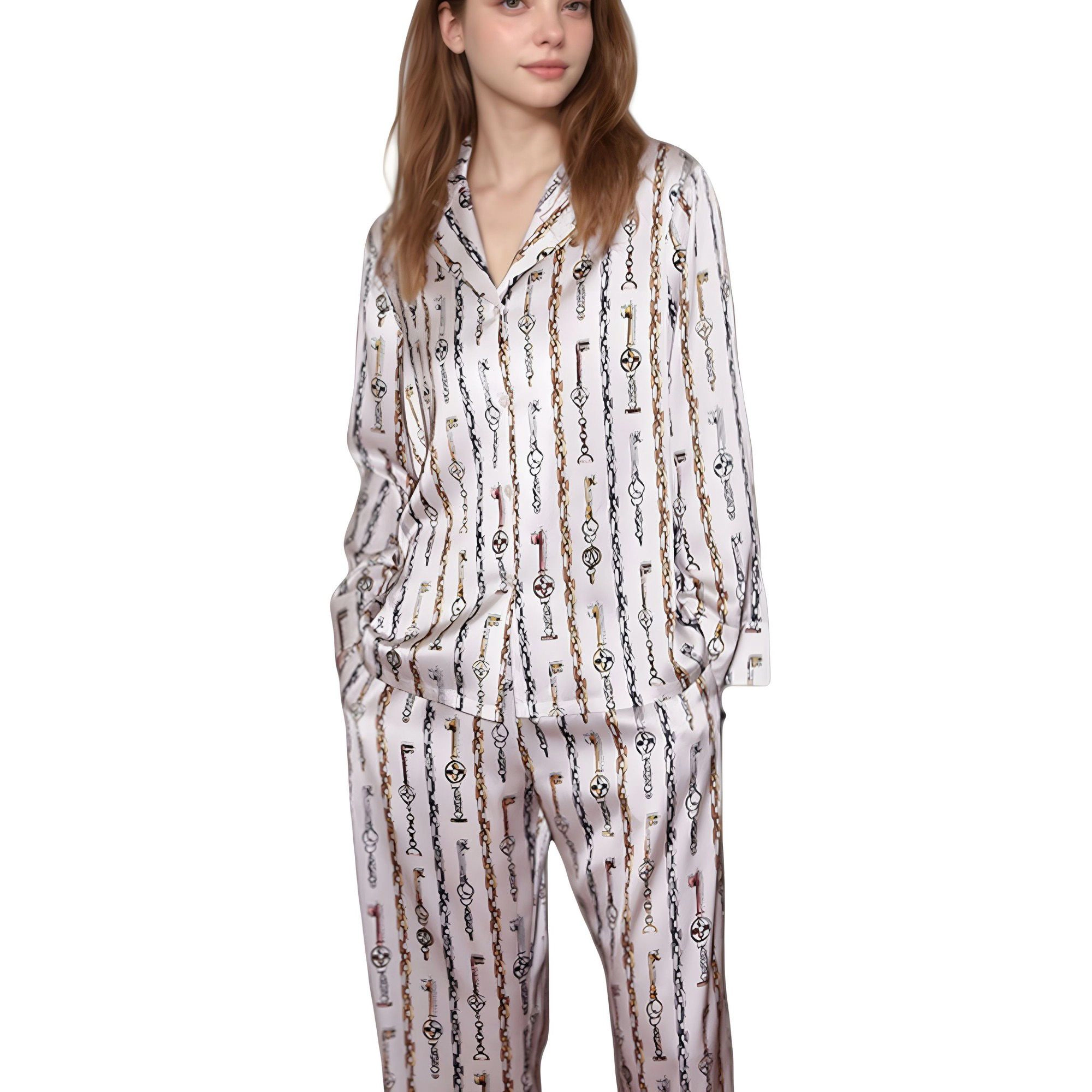 Anna-Kaci Women's Key and Chain Print Woven Pajama Set with Button Down Long Sleeve Top Relaxed Fit Pants