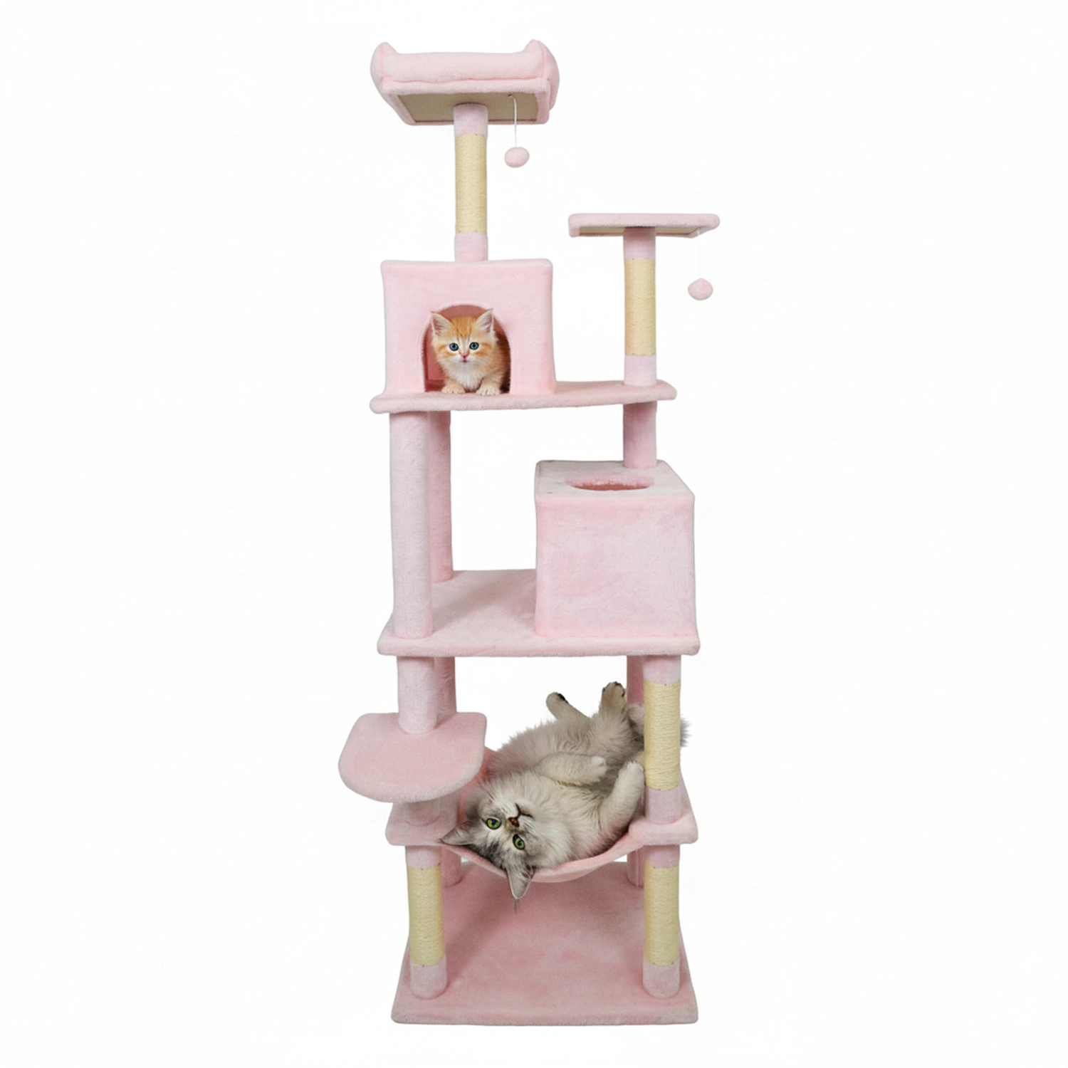 SUGIFT 58-in Pink Multi-Level Cat Tree Tower with 2 Condos Basket Hammock and Upholstered Top Perch