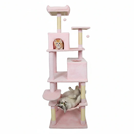 SUGIFT 58-in Pink Multi-Level Cat Tree Tower with 2 Condos Basket Hammock and Upholstered Top Perch