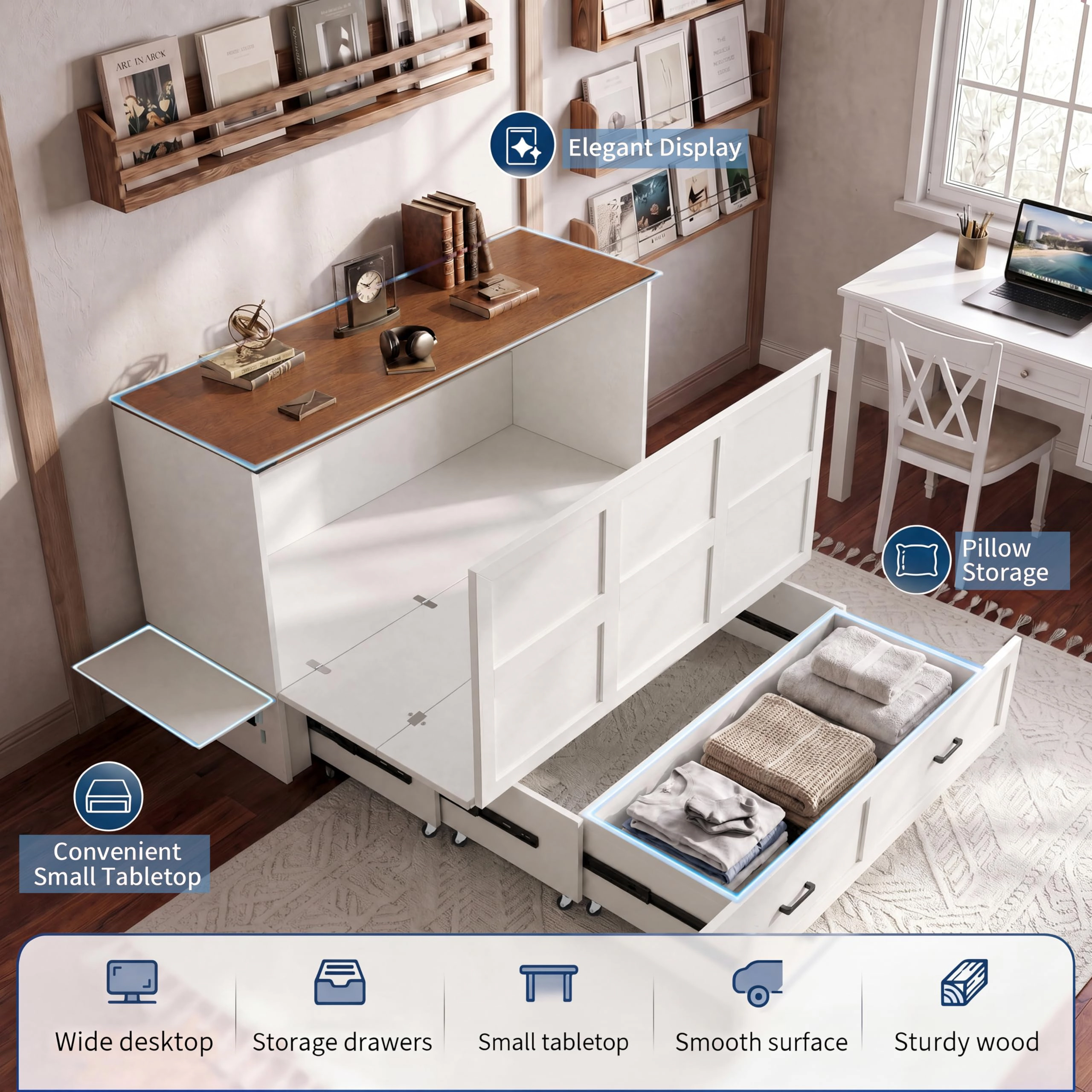 Queen Murphy Bed Cabinet with Storage Drawer, Charging Station & Fold-Out Platform Bed with Mattress Included