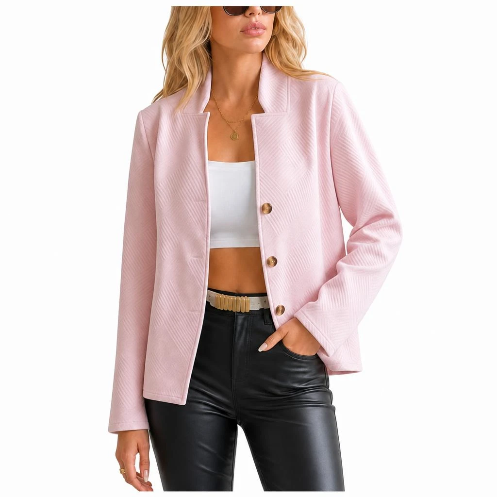 YesFashion Womens Blazers Long Sleeve Button Down Stand Collar Textured Business Casual Suit Jackets