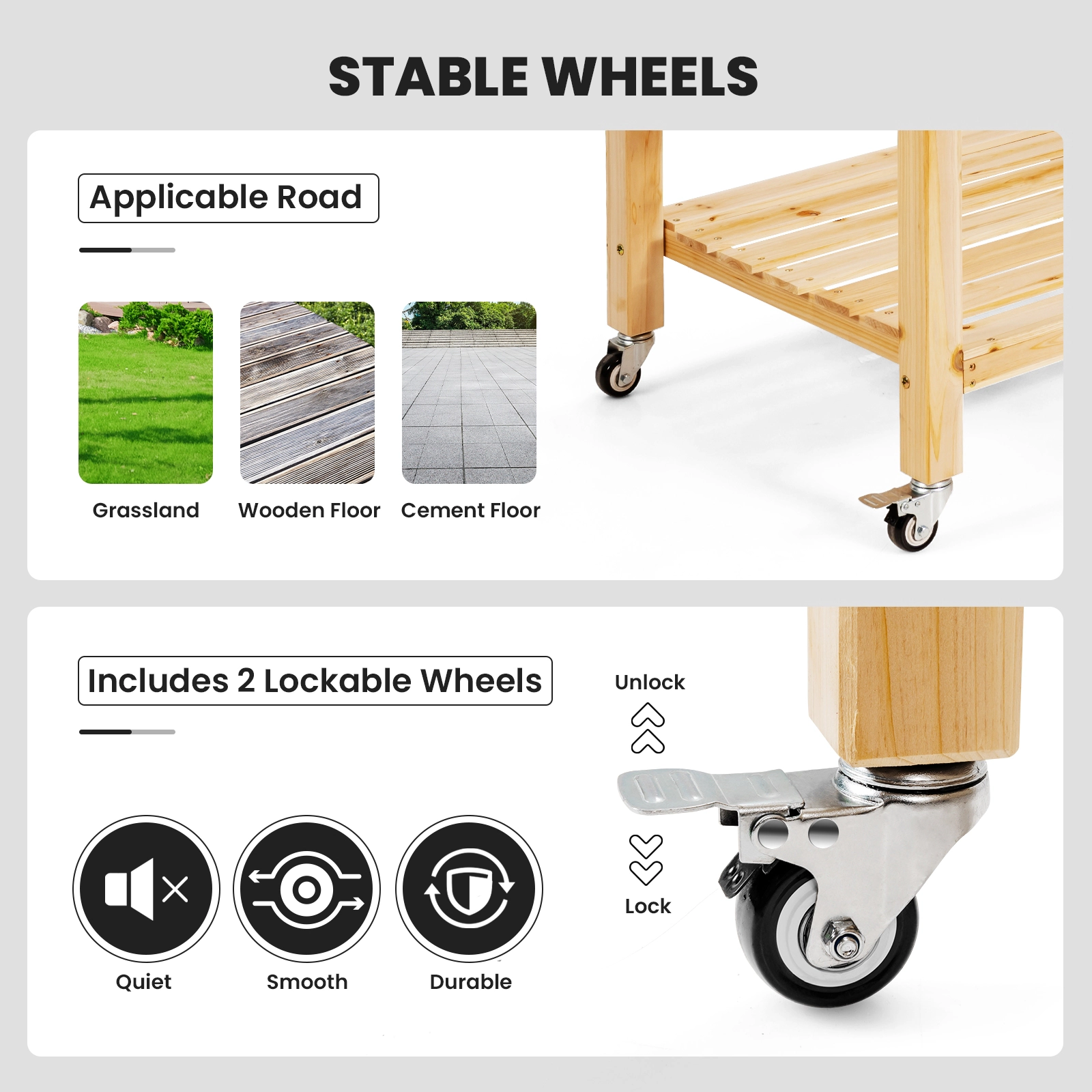 SUGIFT Wood Elevated Pine Planter Bed with Lockable Wheels Shelf and Liner 132-lb Planter Box Capacity Natural