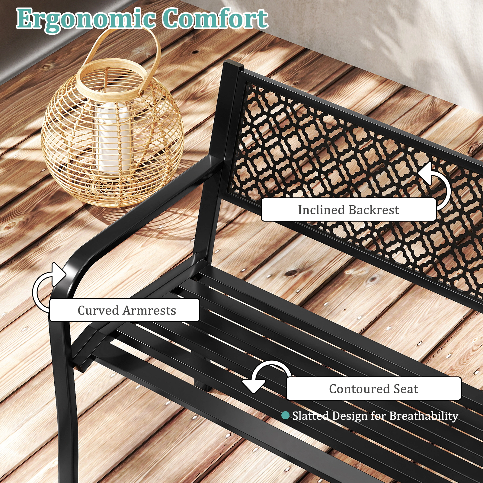 SUGIFT 50-in Outdoor Metal Garden Bench with Geometric Lattice Backrest and Slatted Seat 790-lb Capacity Black