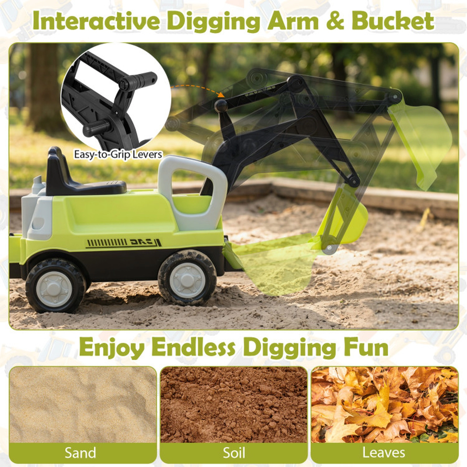 SUGIFT 2-in-1 Kids Ride-On Tractor with Digging Arm and Detachable Trailer 55-lb Capacity Ages 3+ Green/Yellow