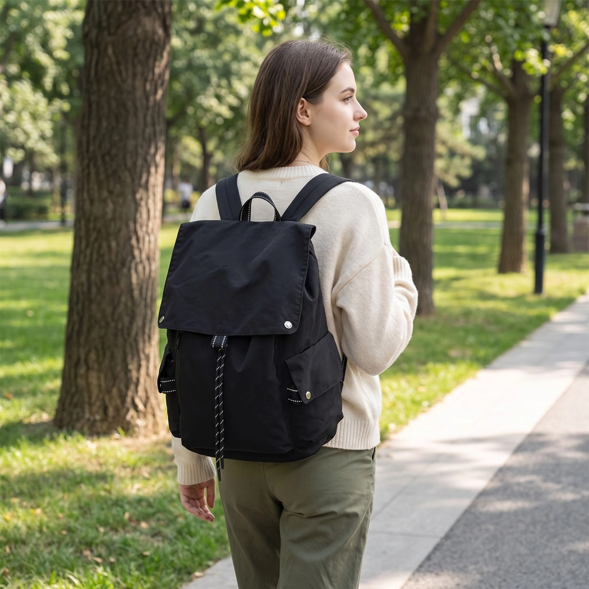 Alilang Women's Canvas Flap Backpack with Drawstring Closure Side Pockets and Adjustable Shoulder Straps