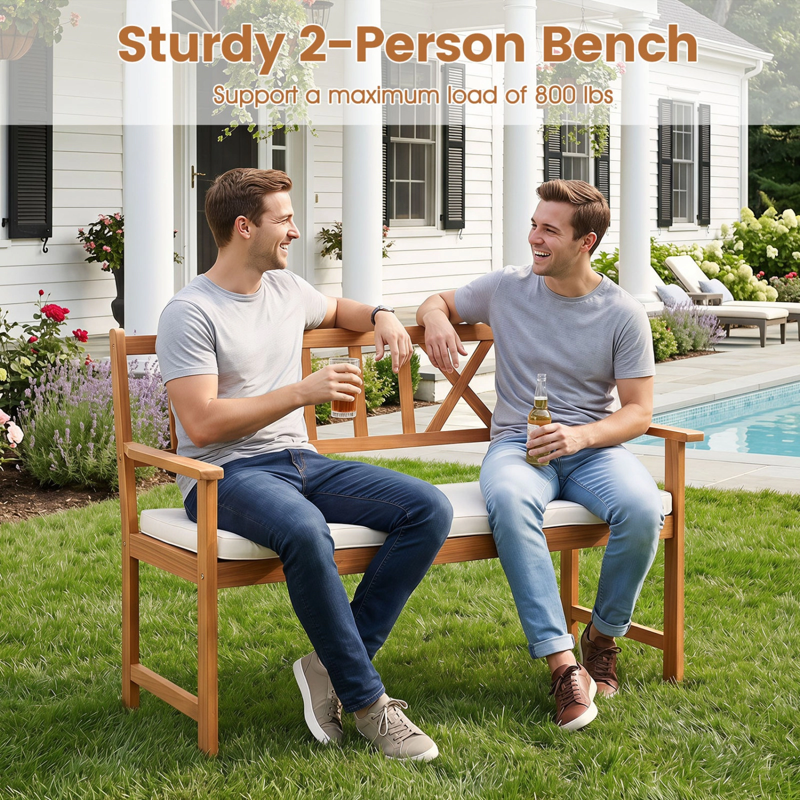 SUGIFT 2-Person Patio Garden Bench with Armrests & Removable Seat Cushion 800-Lb Capacity Natural Bench & White Cushion