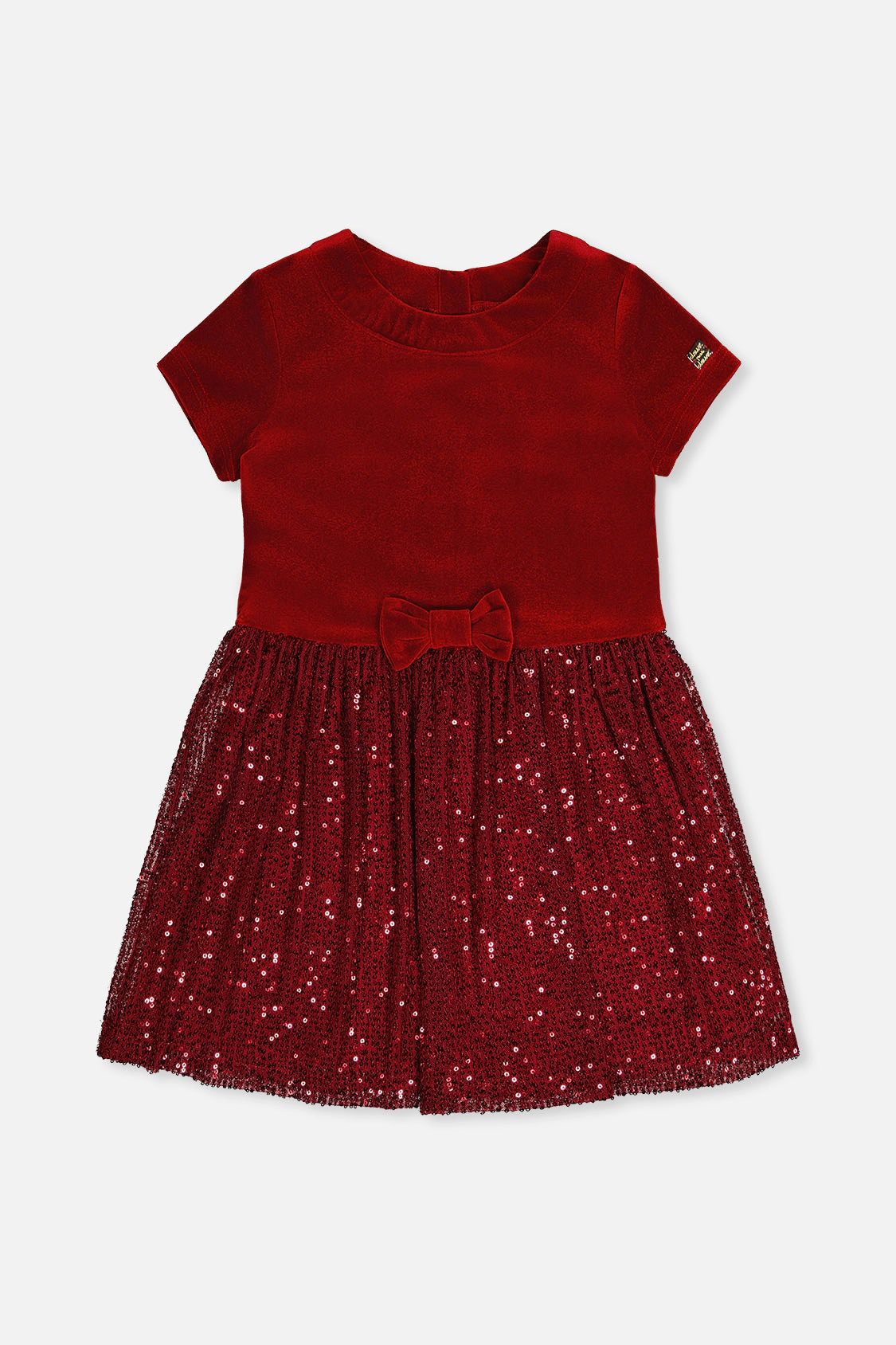 Deux par Deux Girls Bi-Material Short Sleeve Dress with Glittering Skirt