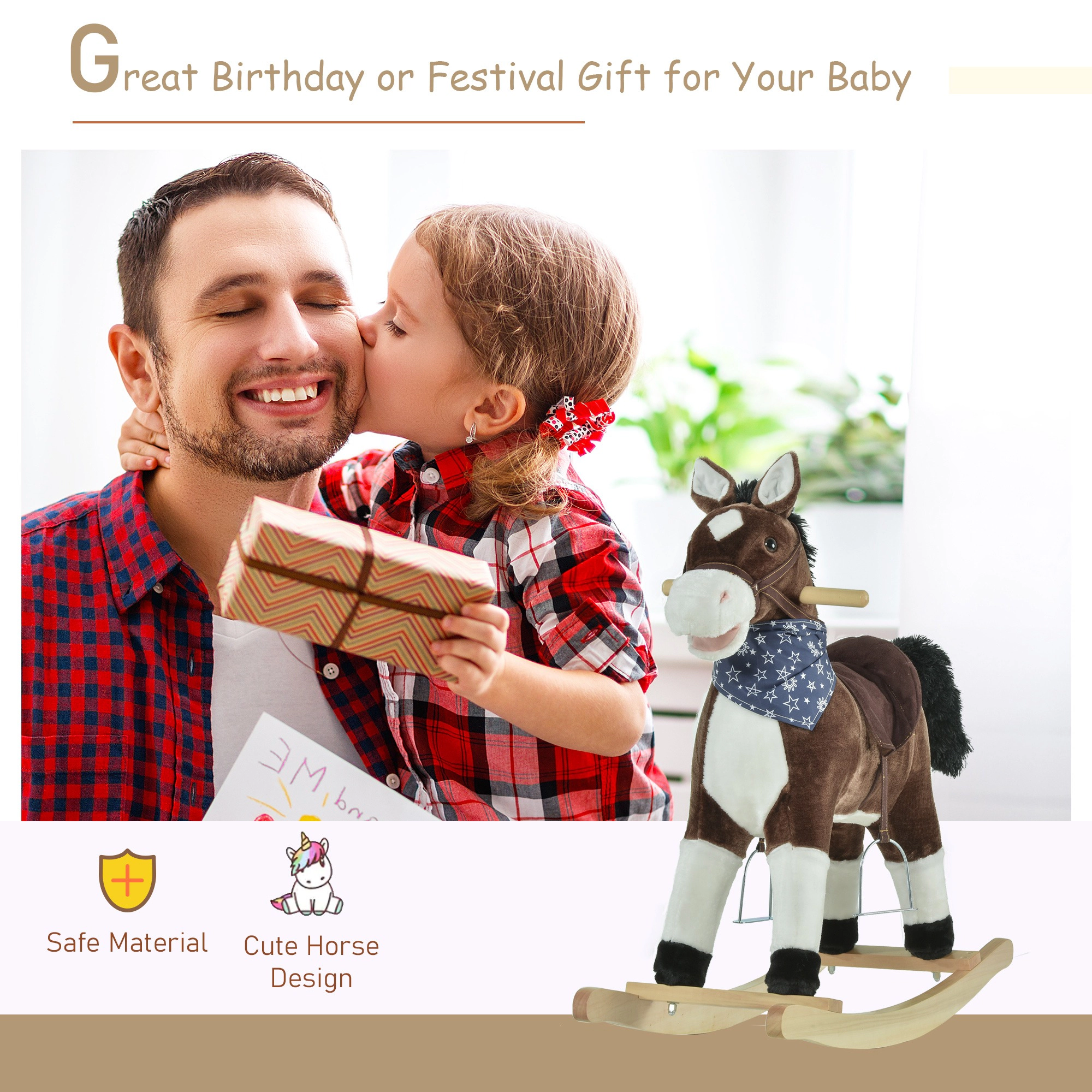 HONGGE Qaba Kids Plush Ride-On Rocking Horse Toy Cowboy Rocker with Fun Realistic Sounds for Child 3-6 Years Old
