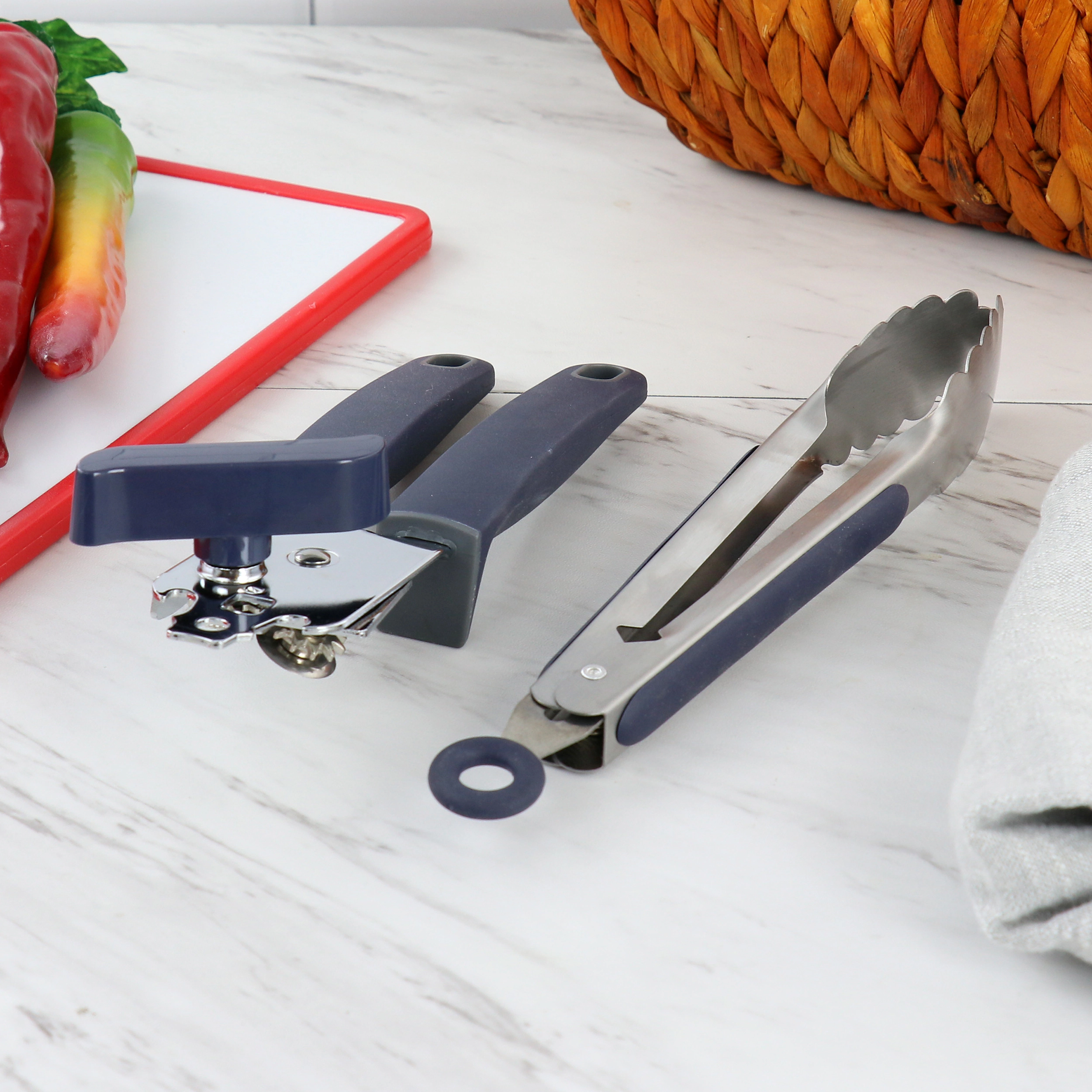 Oster Bluemarine 2 Piece Stainless Steel Can Opener and Tongs Set in Navy Blue