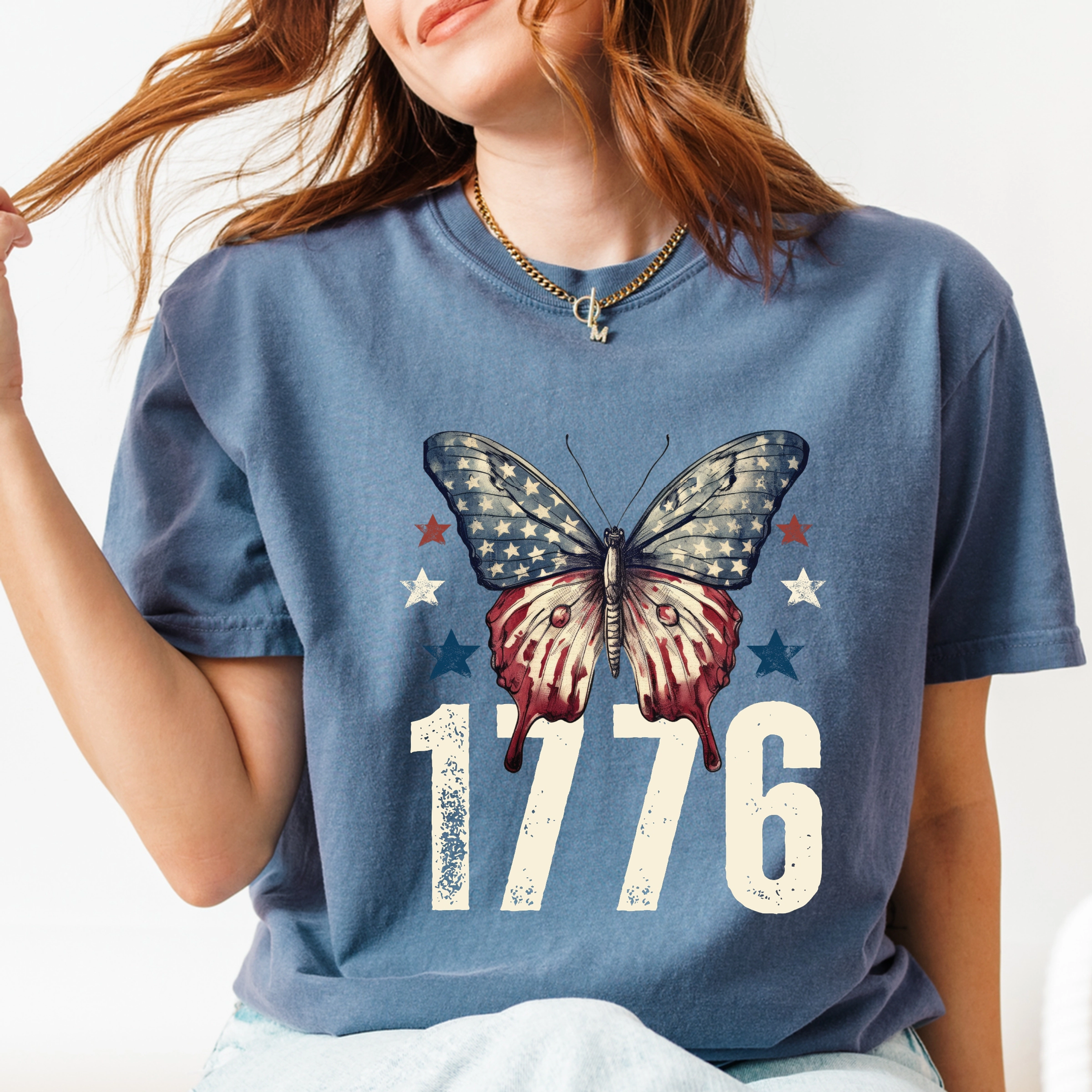 Simply Sage Market - 1776 Butterfly Patriotic Women's Garment Dyed Graphic T-Shirt